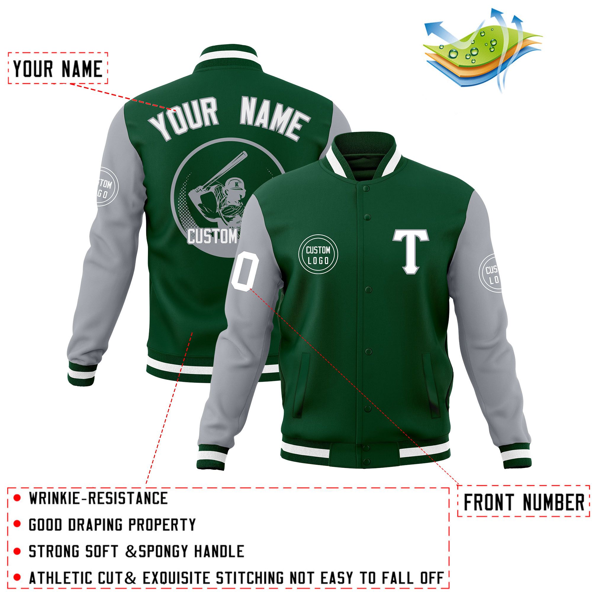 Custom Green Gray Raglan Sleeves Full-Snap Varsity Personalized Letterman Baseball Coats Jacket