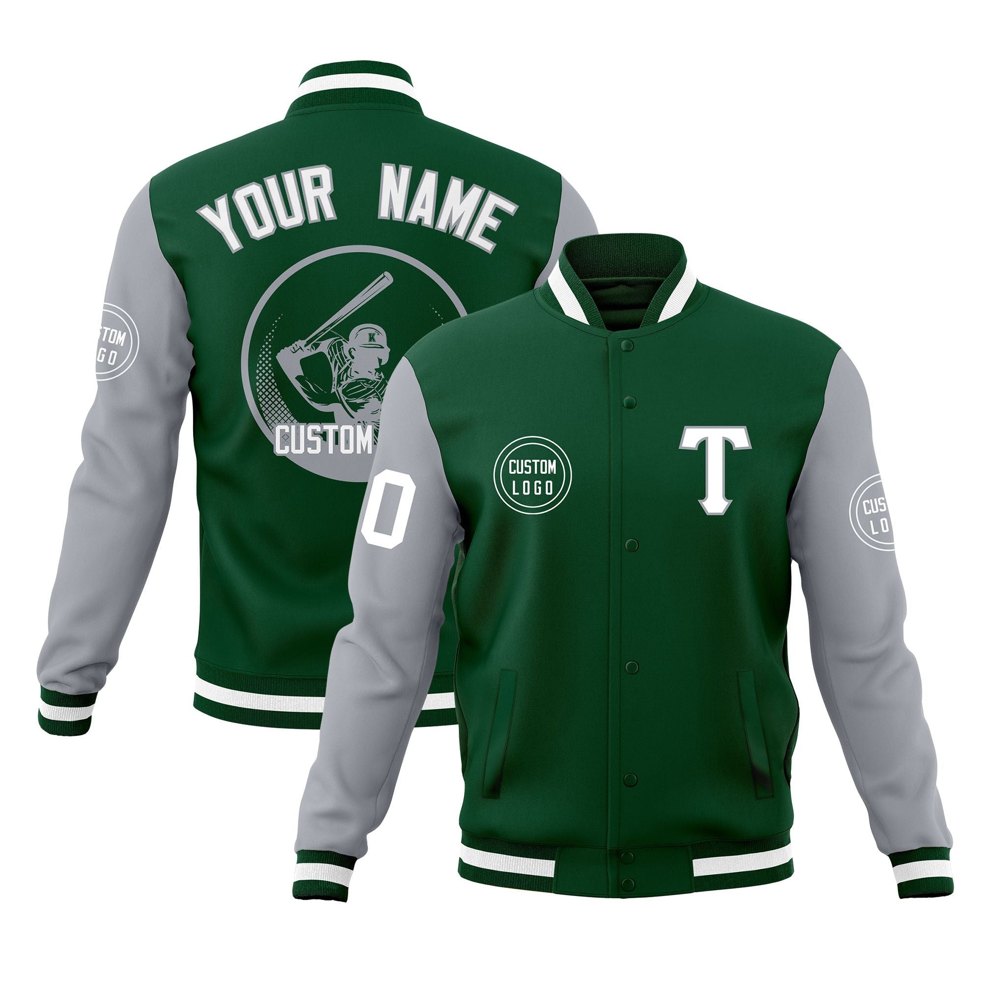 Custom Green Gray Raglan Sleeves Full-Snap Varsity Personalized Letterman Baseball Coats Jacket