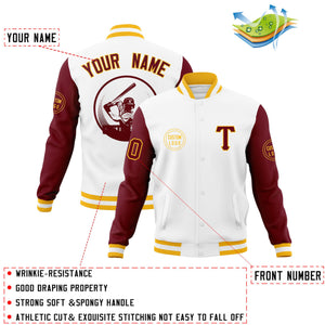 Custom White Crimson Raglan Sleeves Full-Snap Varsity Personalized Letterman Baseball Coats Jacket