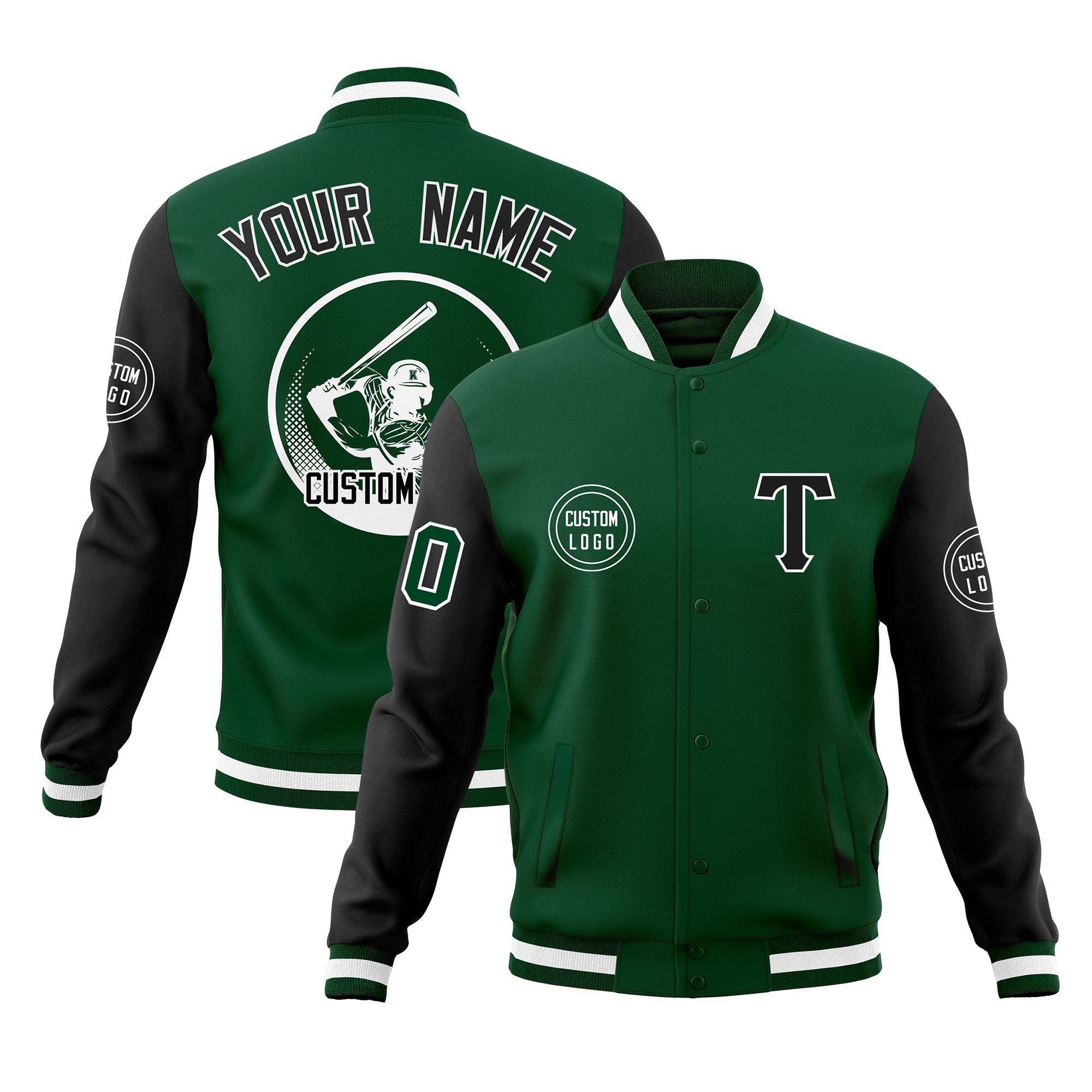 Custom Green Black Raglan Sleeves Full-Snap Varsity Personalized Letterman Baseball Coats Jacket