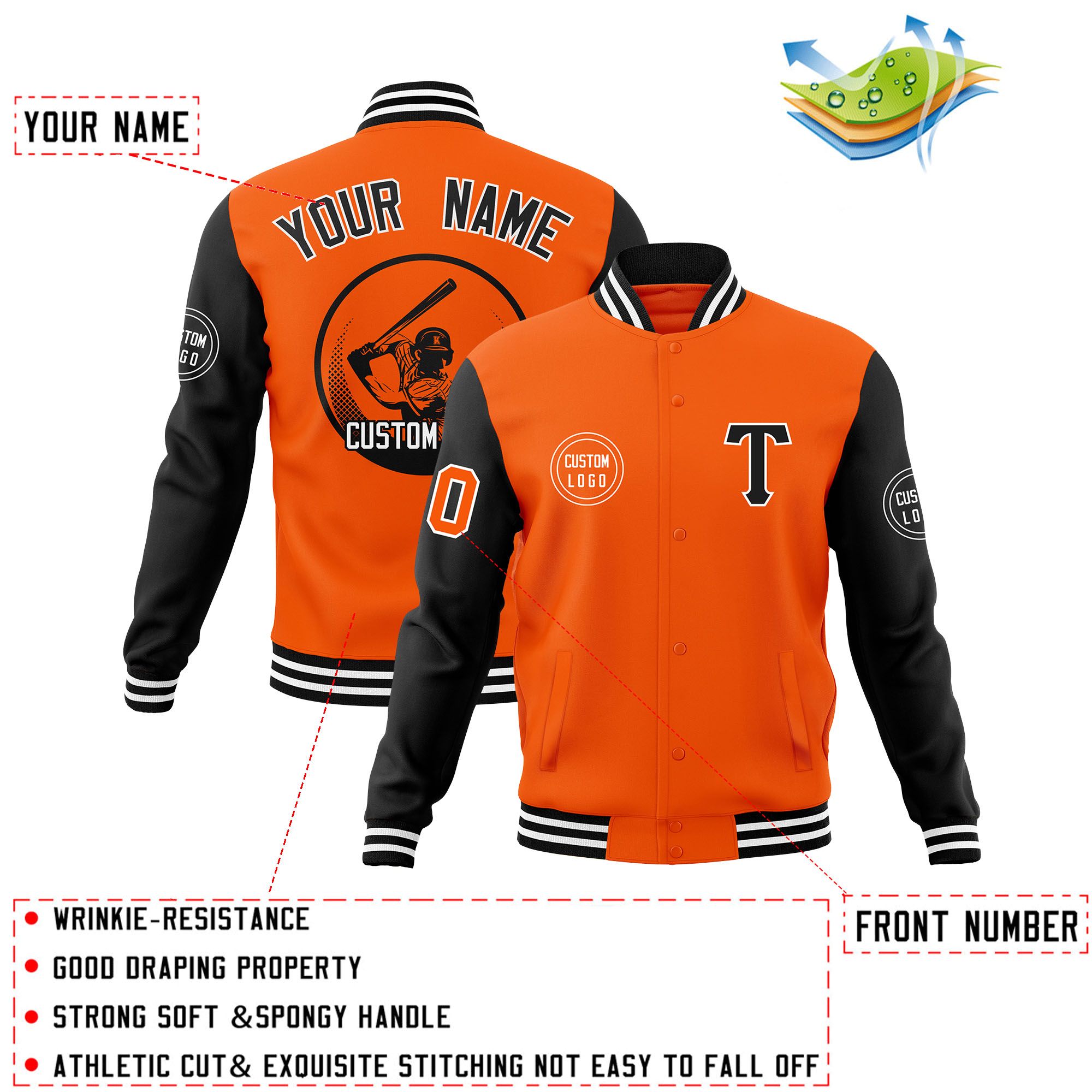 Custom Orange Black Raglan Sleeves Full-Snap Varsity Personalized Letterman Baseball Coats Jacket