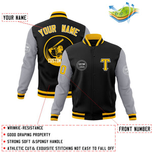 Custom Black Gray Raglan Sleeves Full-Snap Varsity Personalized Letterman Baseball Coats Jacket