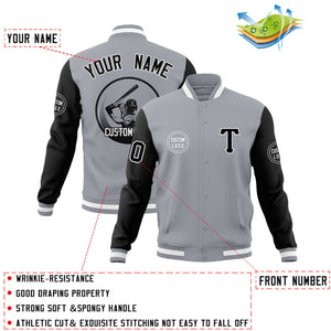 Custom Gray Black Raglan Sleeves Full-Snap Varsity Personalized Letterman Baseball Coats Jacket