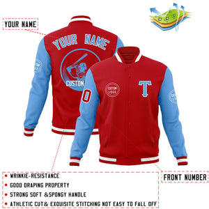 Custom Red Powder Blue Raglan Sleeves Full-Snap Varsity Personalized Letterman Baseball Coats Jacket