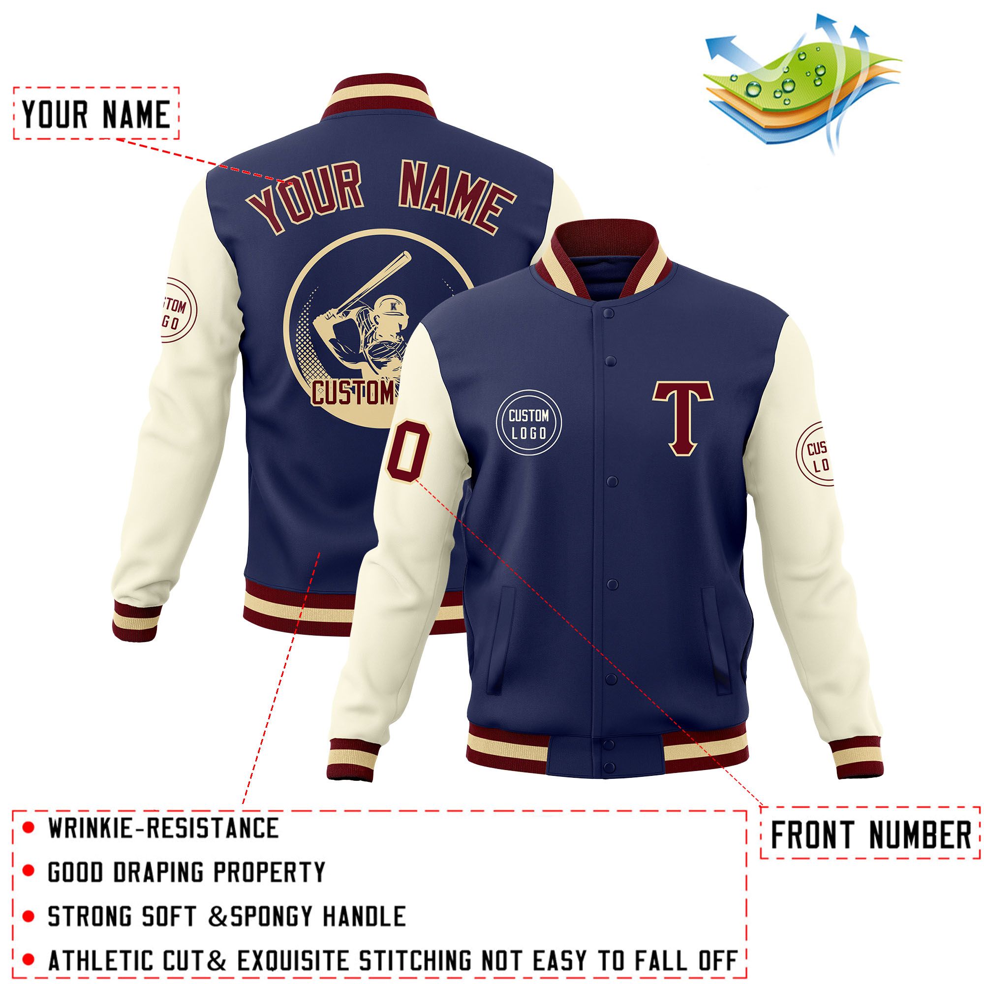 Custom Navy Cream Raglan Sleeves Full-Snap Varsity Personalized Letterman Baseball Coats Jacket