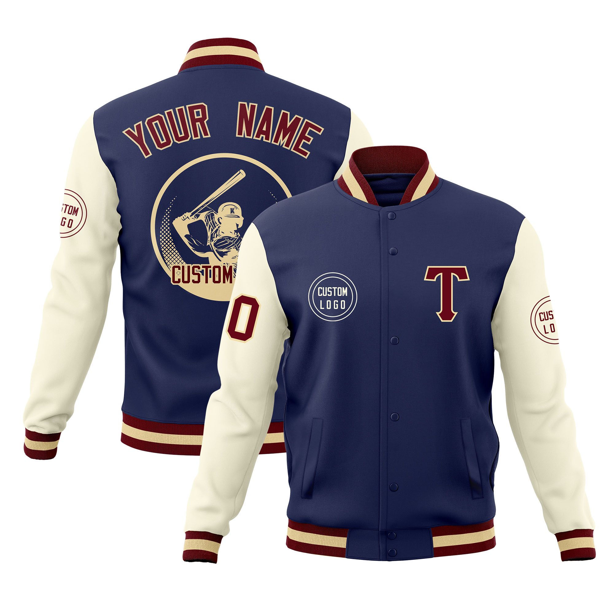 Custom Navy Cream Raglan Sleeves Full-Snap Varsity Personalized Letterman Baseball Coats Jacket