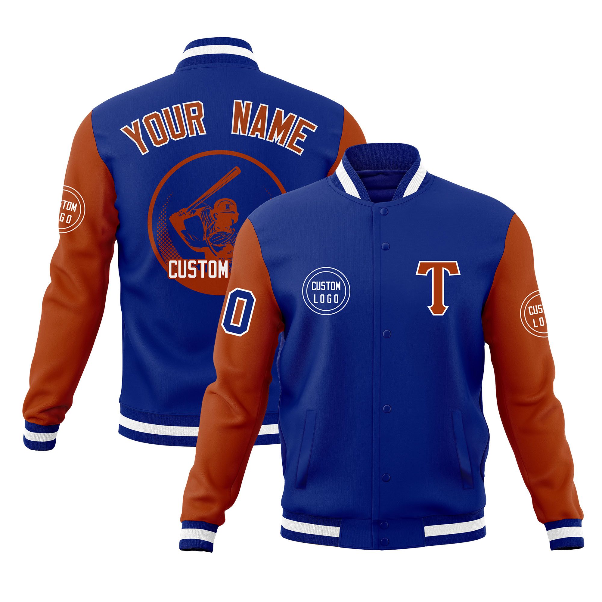 Custom Royal Texas Orange Raglan Sleeves Full-Snap Varsity Personalized Letterman Baseball Coats Jacket