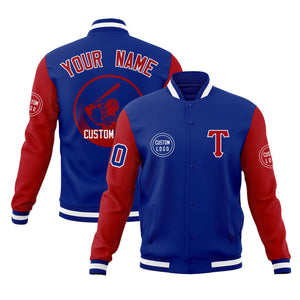 Custom Royal Red Raglan Sleeves Full-Snap Varsity Personalized Letterman Baseball Coats Jacket