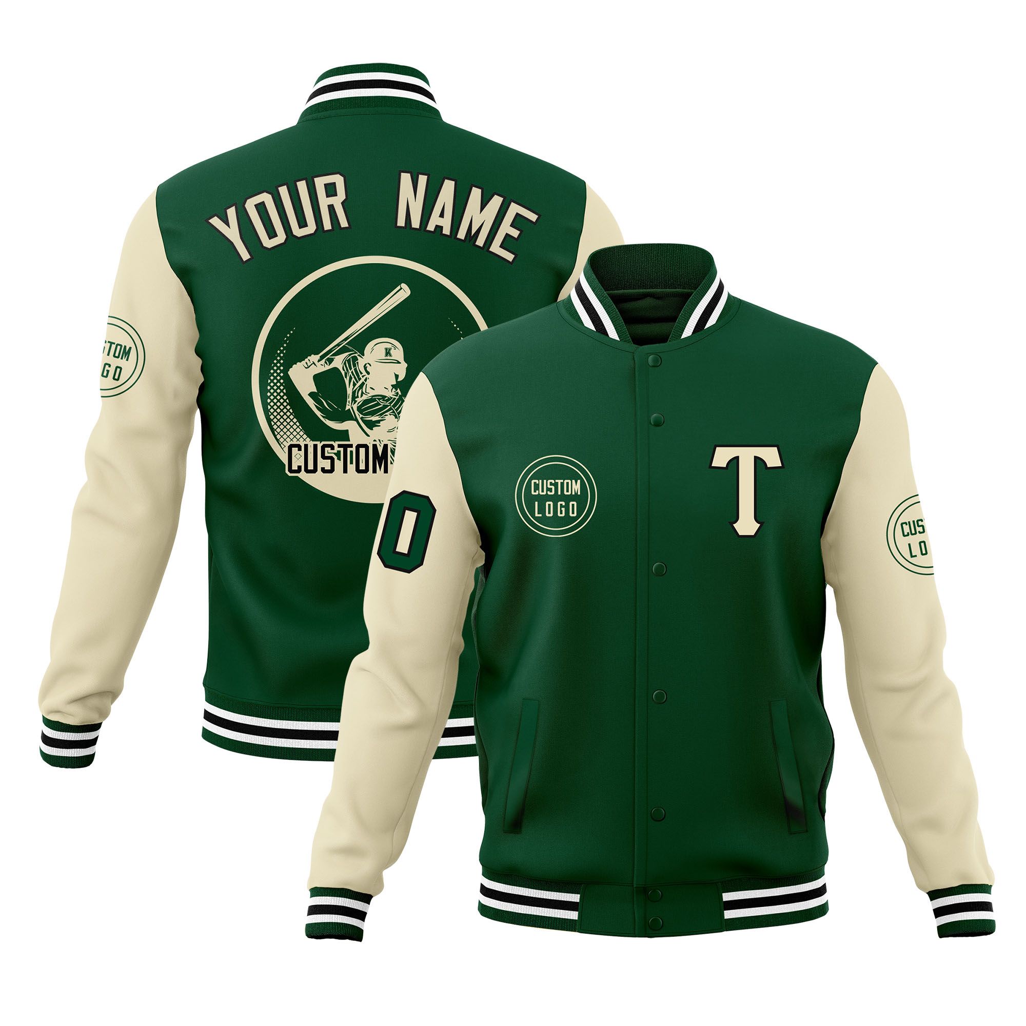 Custom Green Cream Raglan Sleeves Full-Snap Varsity Personalized Letterman Baseball Coats Jacket