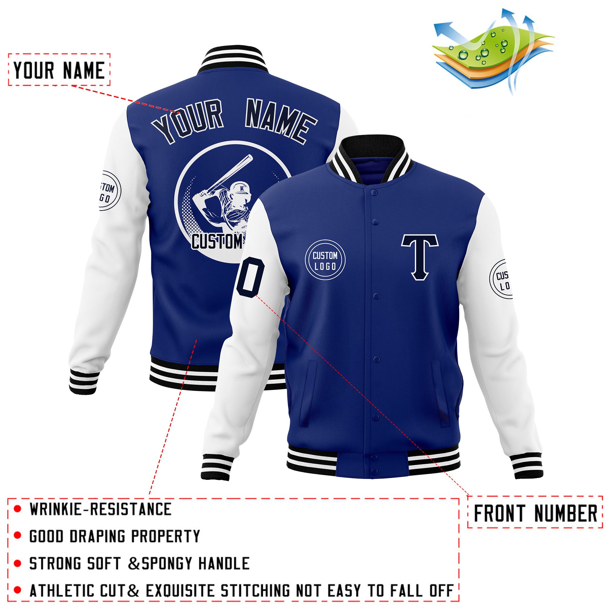 Custom Royal White Raglan Sleeves Full-Snap Varsity Personalized Letterman Baseball Coats Jacket