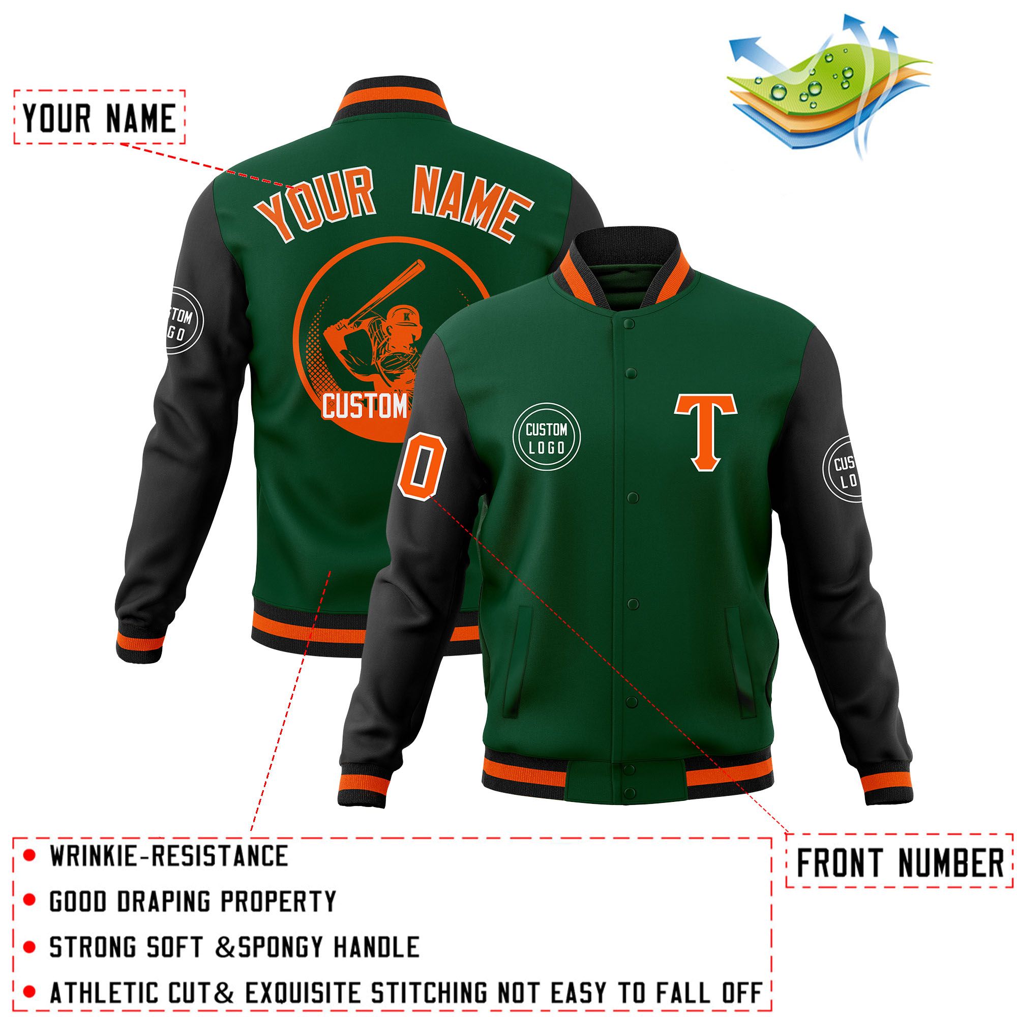 Custom Green Black Raglan Sleeves Full-Snap Varsity Personalized Letterman Baseball Coats Jacket