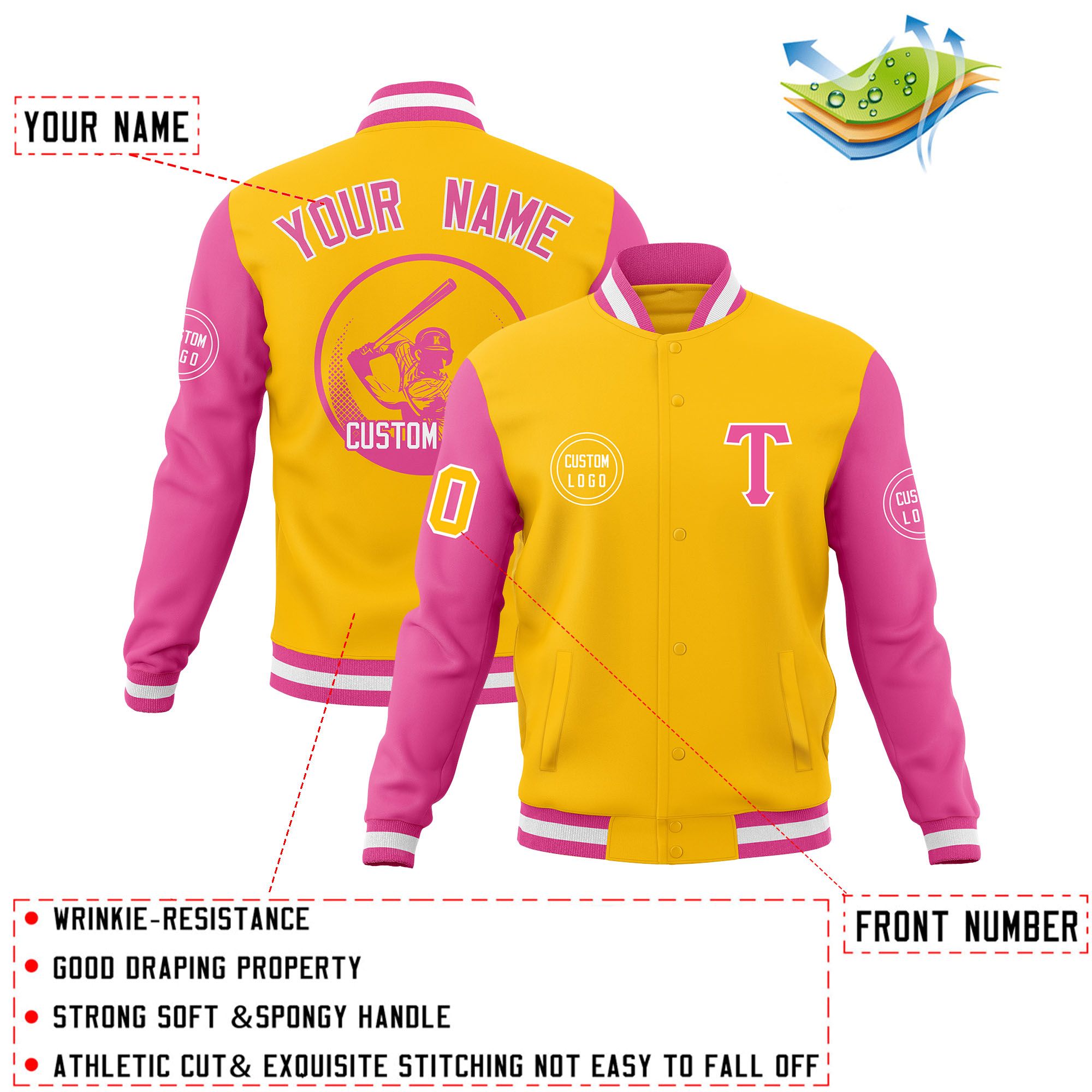 Custom Gold Pink Raglan Sleeves Full-Snap Varsity Personalized Letterman Baseball Coats Jacket