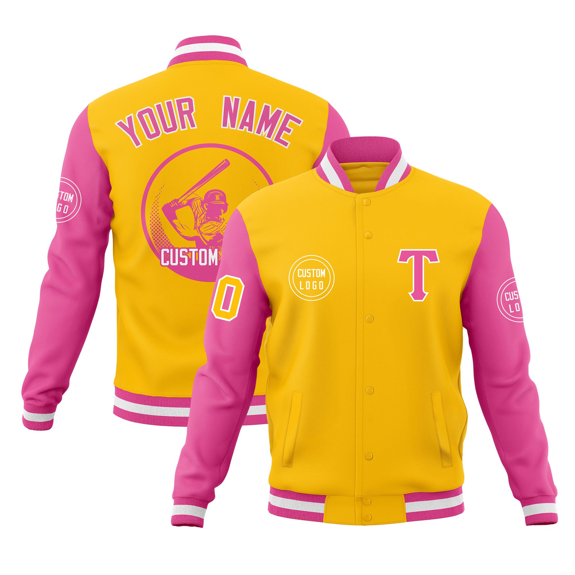 Custom Gold Pink Raglan Sleeves Full-Snap Varsity Personalized Letterman Baseball Coats Jacket