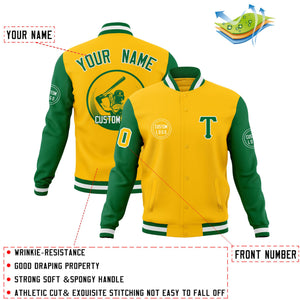 Custom Gold Kelly Green Raglan Sleeves Full-Snap Varsity Personalized Letterman Baseball Coats Jacket