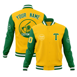 Custom Gold Kelly Green Raglan Sleeves Full-Snap Varsity Personalized Letterman Baseball Coats Jacket