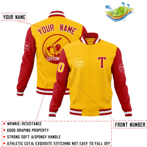 Custom Gold Red Raglan Sleeves Full-Snap Varsity Personalized Letterman Baseball Coats Jacket