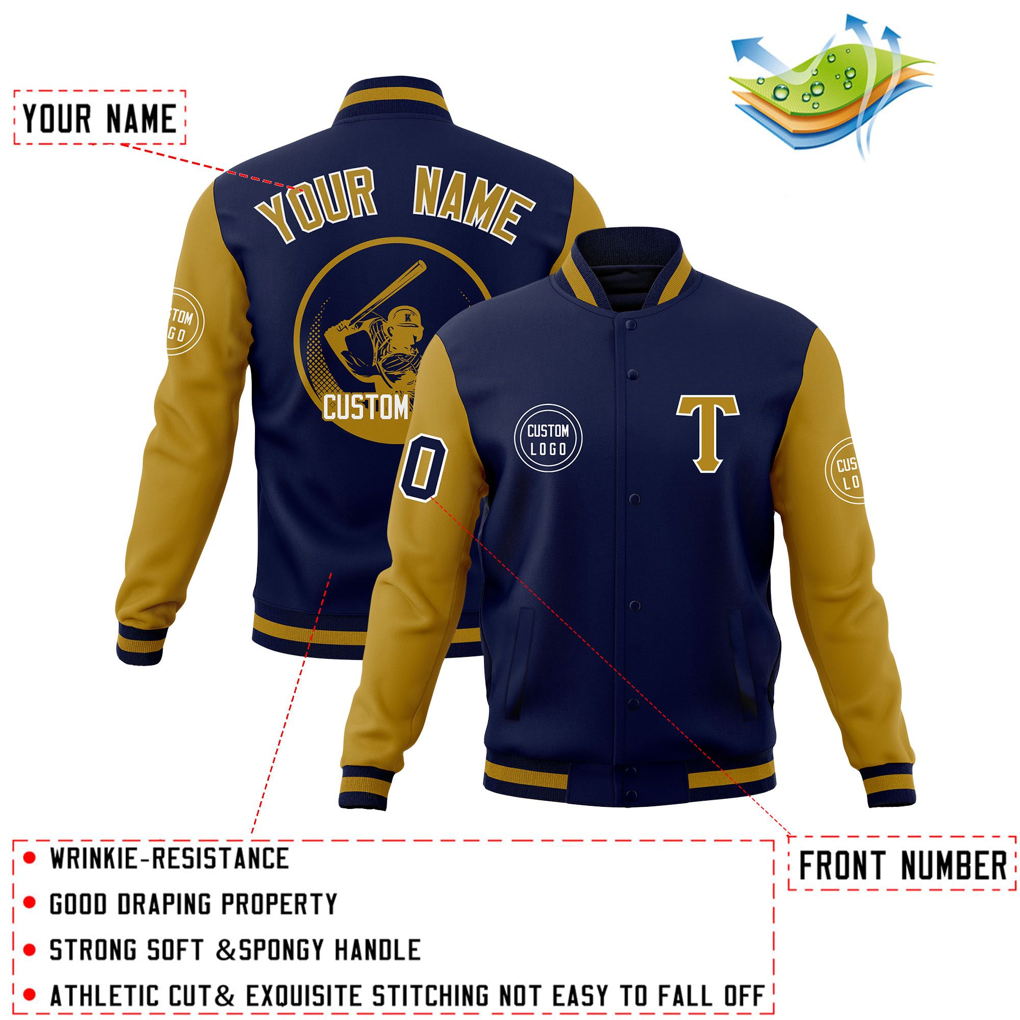 Custom Navy Old Gold Raglan Sleeves Full-Snap Varsity Personalized Letterman Baseball Coats Jacket