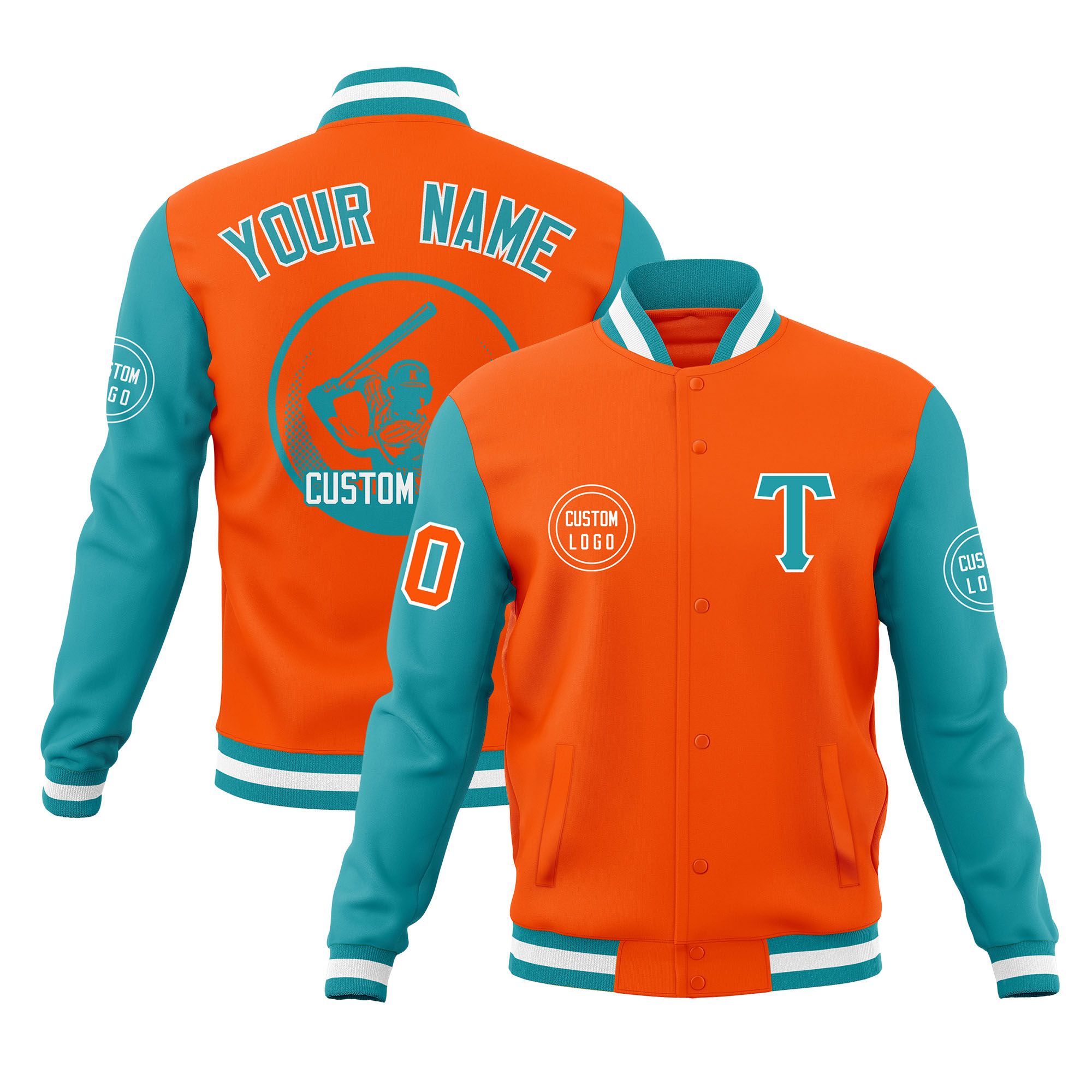 Custom Orange Aqua Raglan Sleeves Full-Snap Varsity Personalized Letterman Baseball Coats Jacket