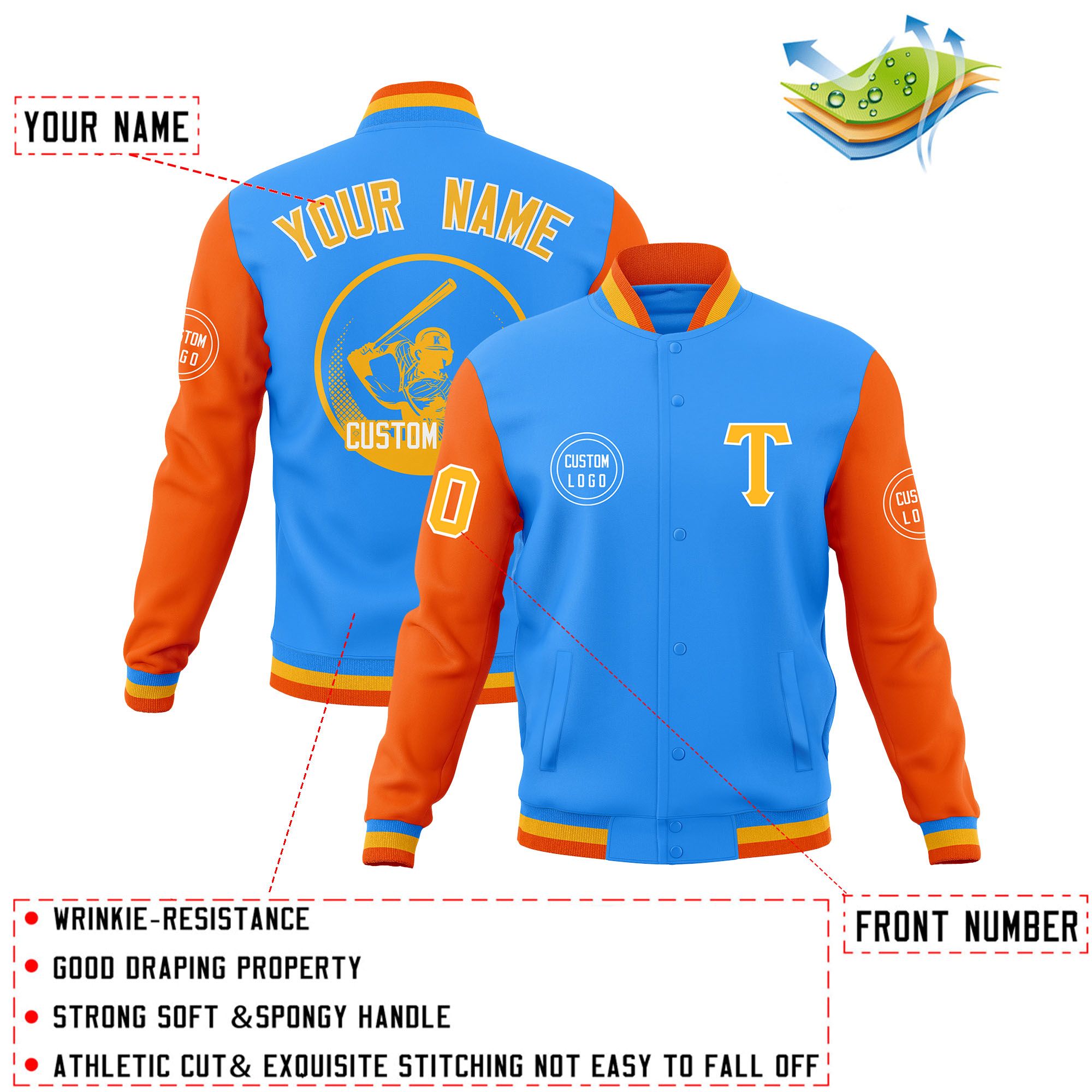 Custom Powder Blue Orange Raglan Sleeves Full-Snap Varsity Personalized Letterman Baseball Coats Jacket