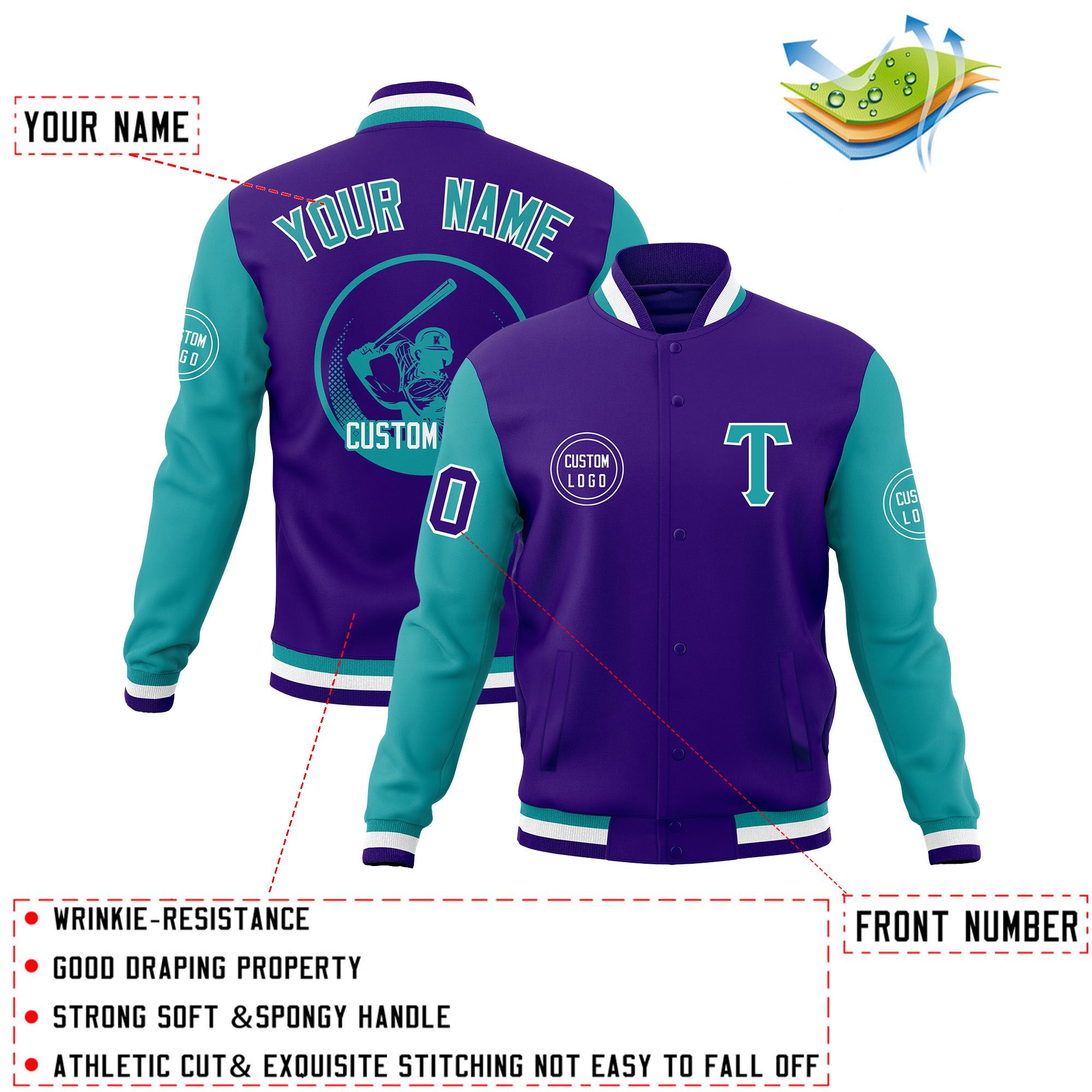 Custom Purple Aqua Raglan Sleeves Full-Snap Varsity Personalized Letterman Baseball Coats Jacket