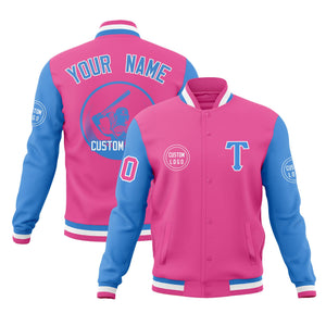 Custom Pink Powder Blue Raglan Sleeves Full-Snap Varsity Personalized Letterman Baseball Coats Jacket