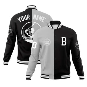 Custom Black Gray Varsity Full-Snap Split Letterman Baseball Jacket