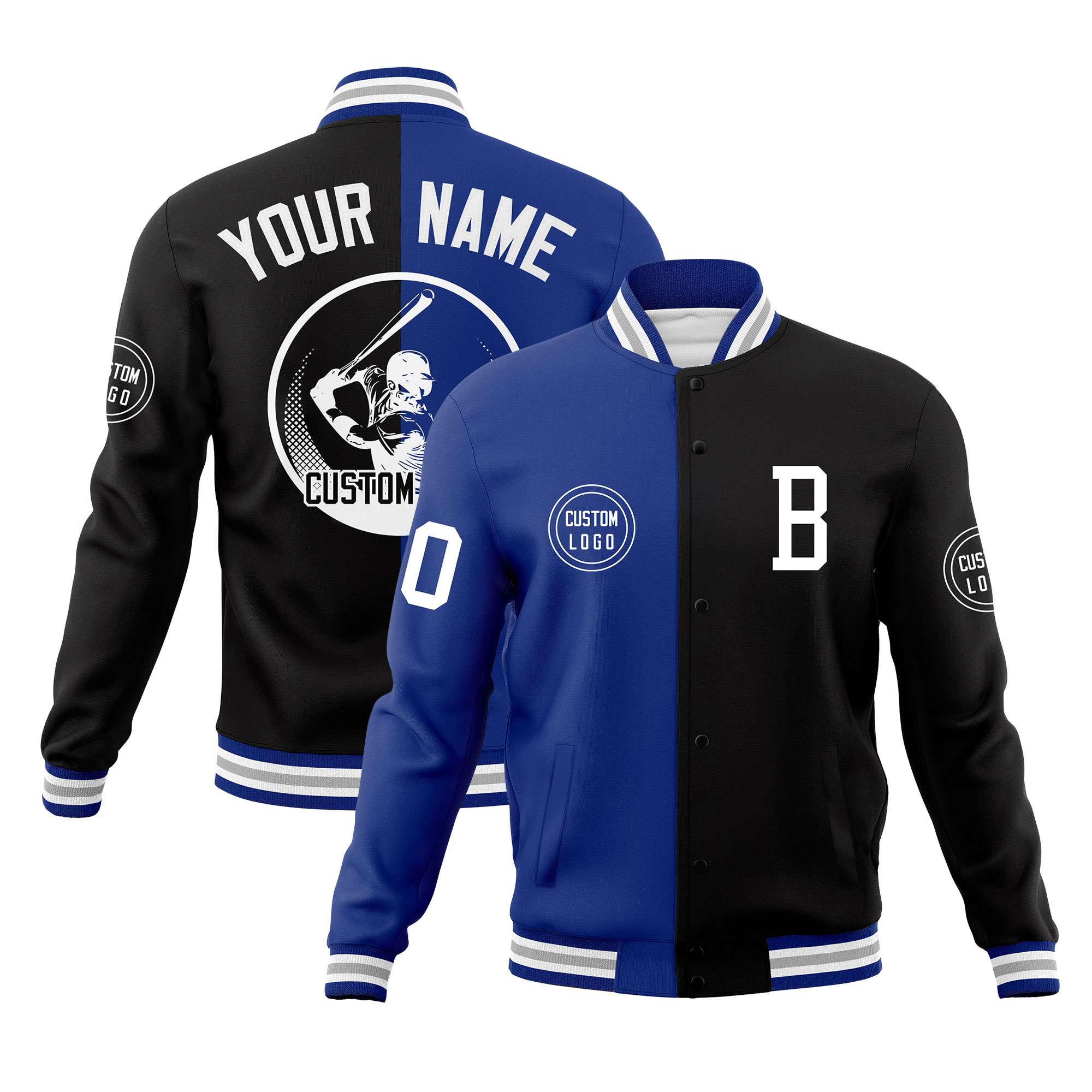 Custom Royal Black Varsity Full-Snap Split Letterman Baseball Jacket