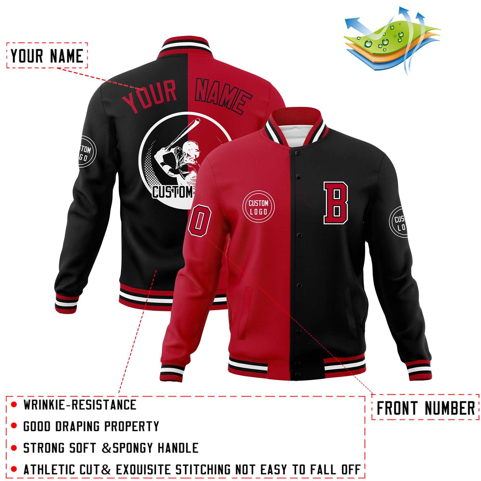 Custom Red Black Varsity Full-Snap Split Letterman Baseball Jacket