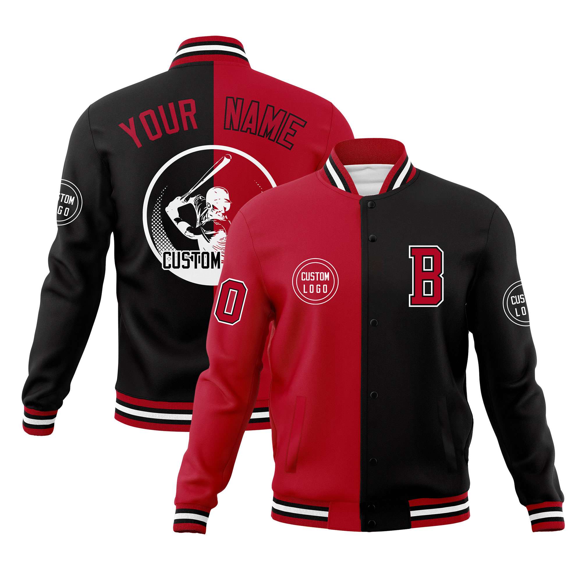 Custom Red Black Varsity Full-Snap Split Letterman Baseball Jacket