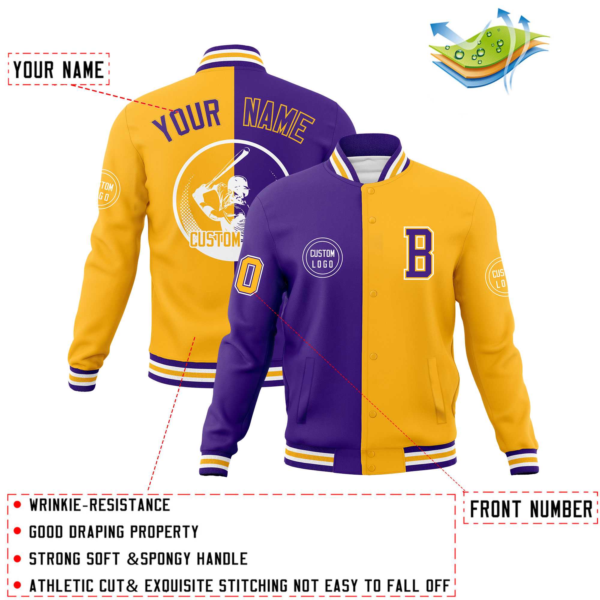 Custom Purple Gold Varsity Full-Snap Split Letterman Baseball Jacket