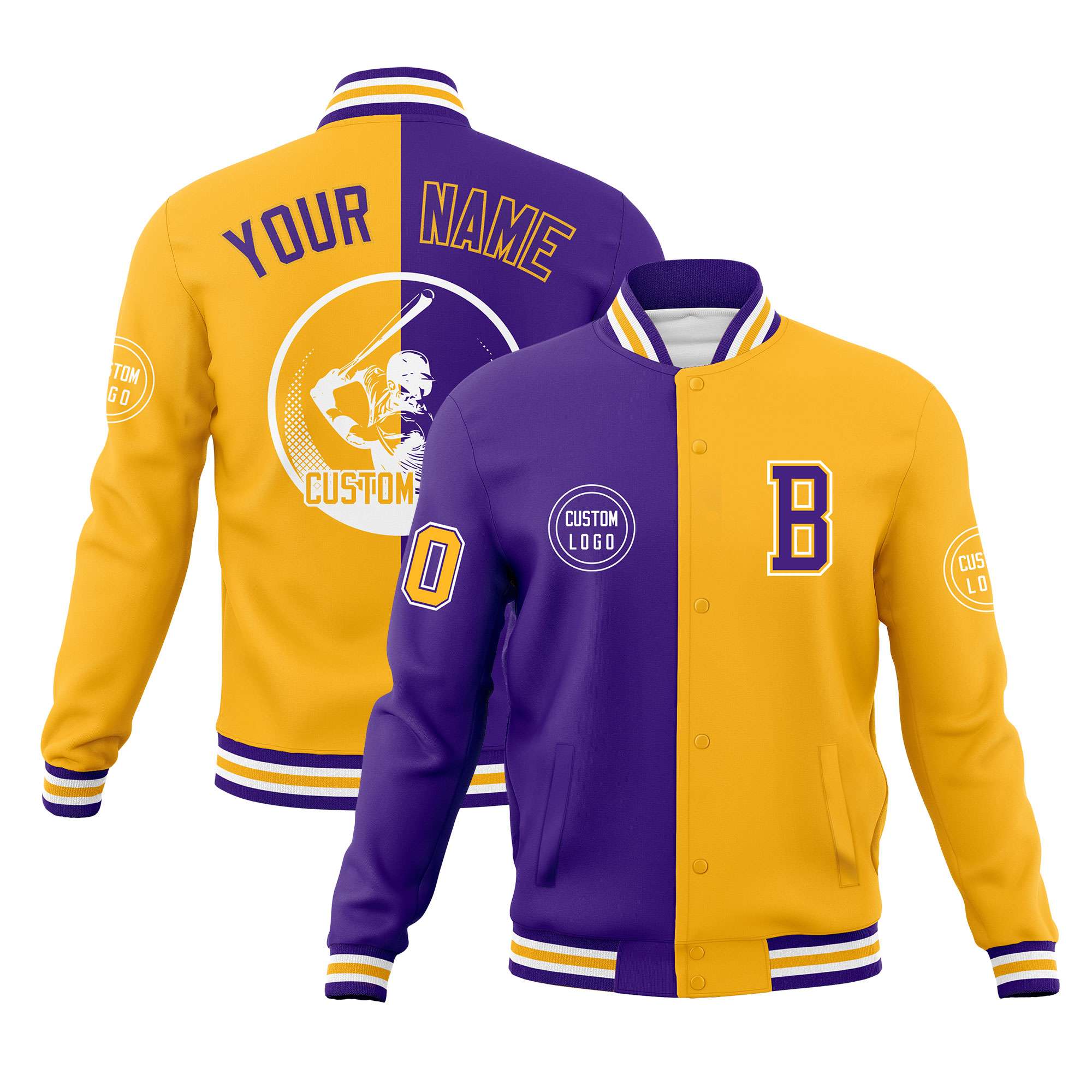 Custom Purple Gold Varsity Full-Snap Split Letterman Baseball Jacket