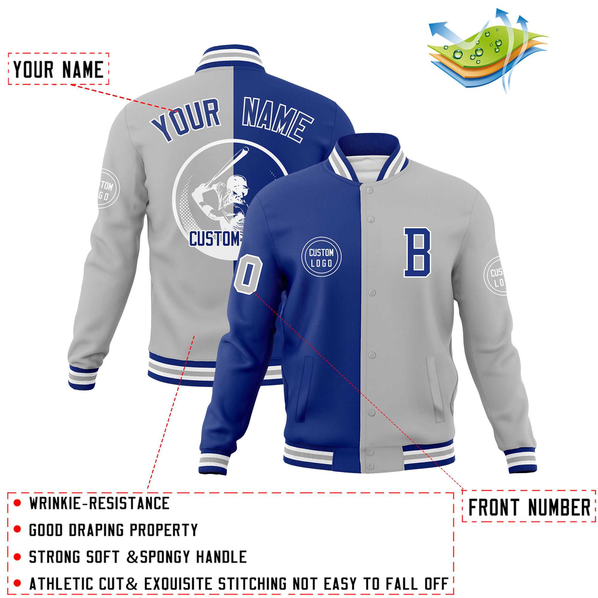 Custom Royal Gray Varsity Full-Snap Split Letterman Baseball Jacket