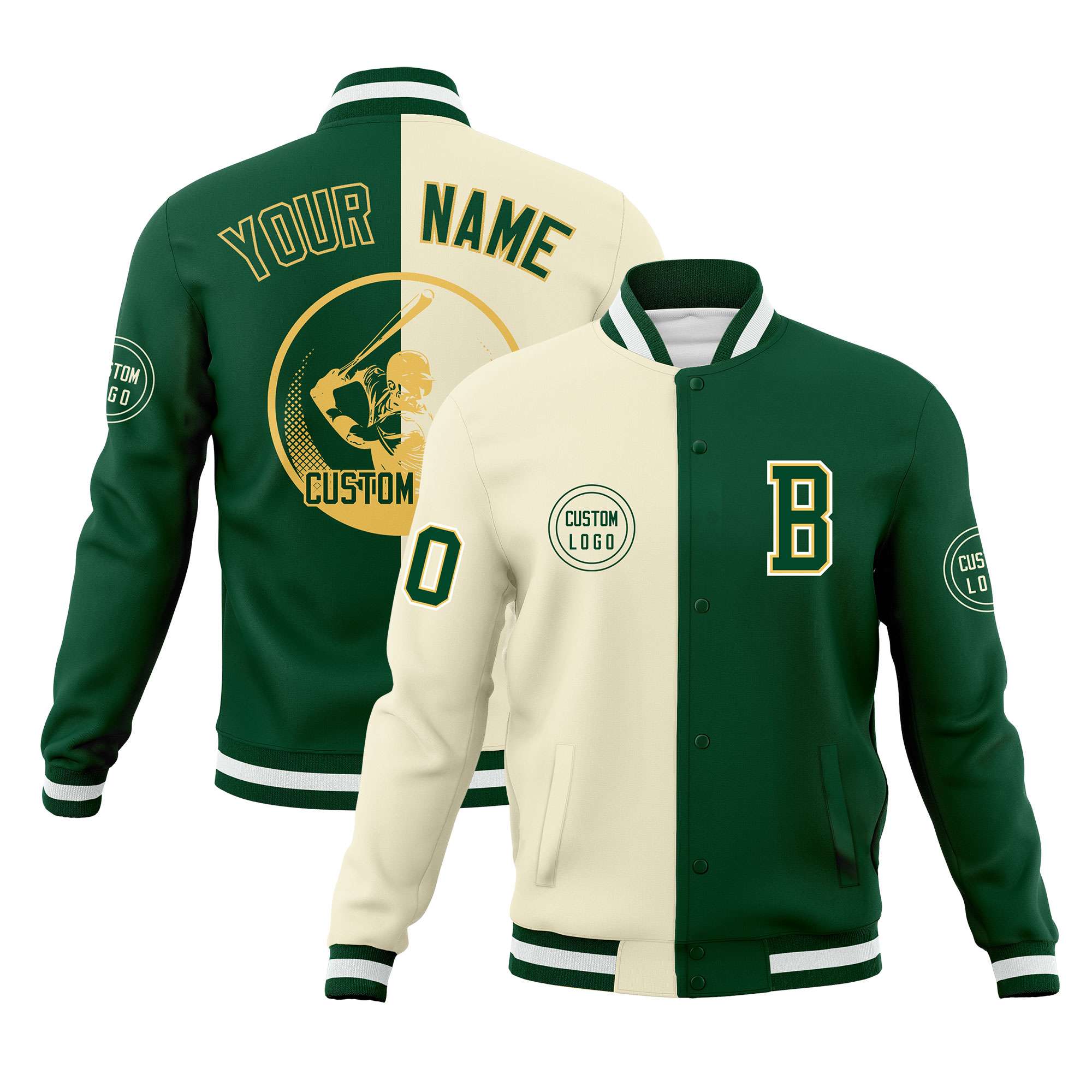 Custom Cream Green Varsity Full-Snap Split Letterman Baseball Jacket