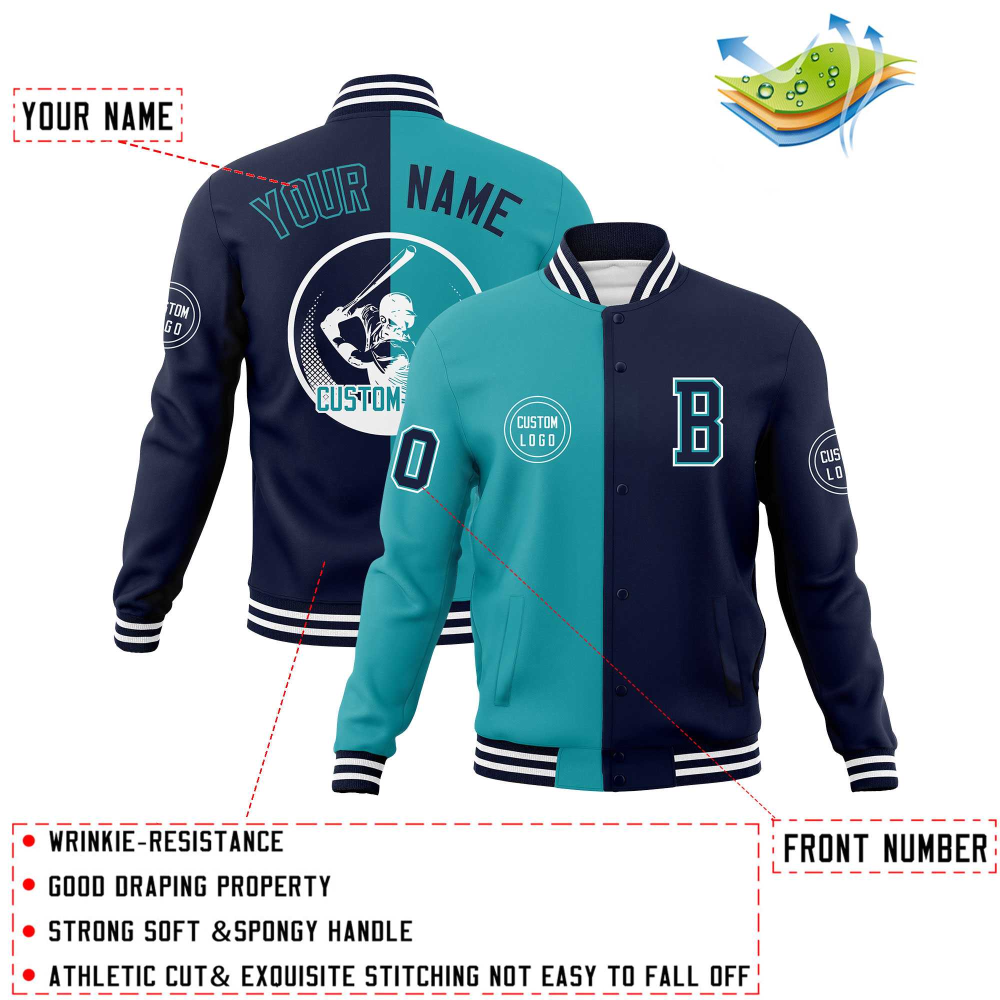 Custom Aqua Navy Varsity Full-Snap Split Letterman Baseball Jacket