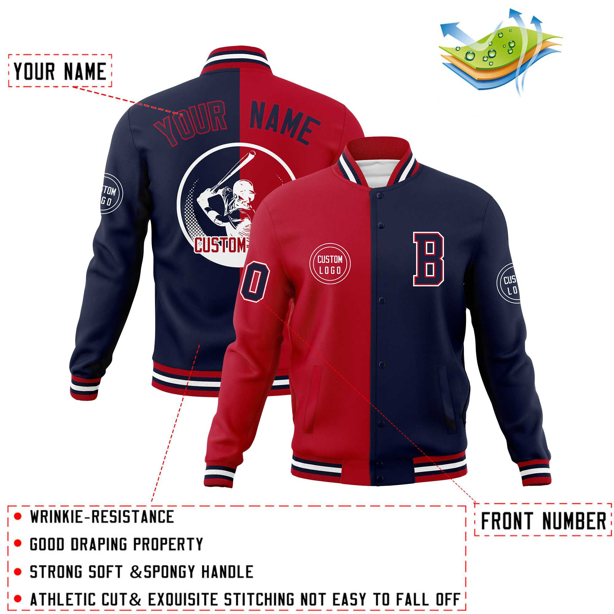 Custom Red Navy Varsity Full-Snap Split Letterman Baseball Jacket