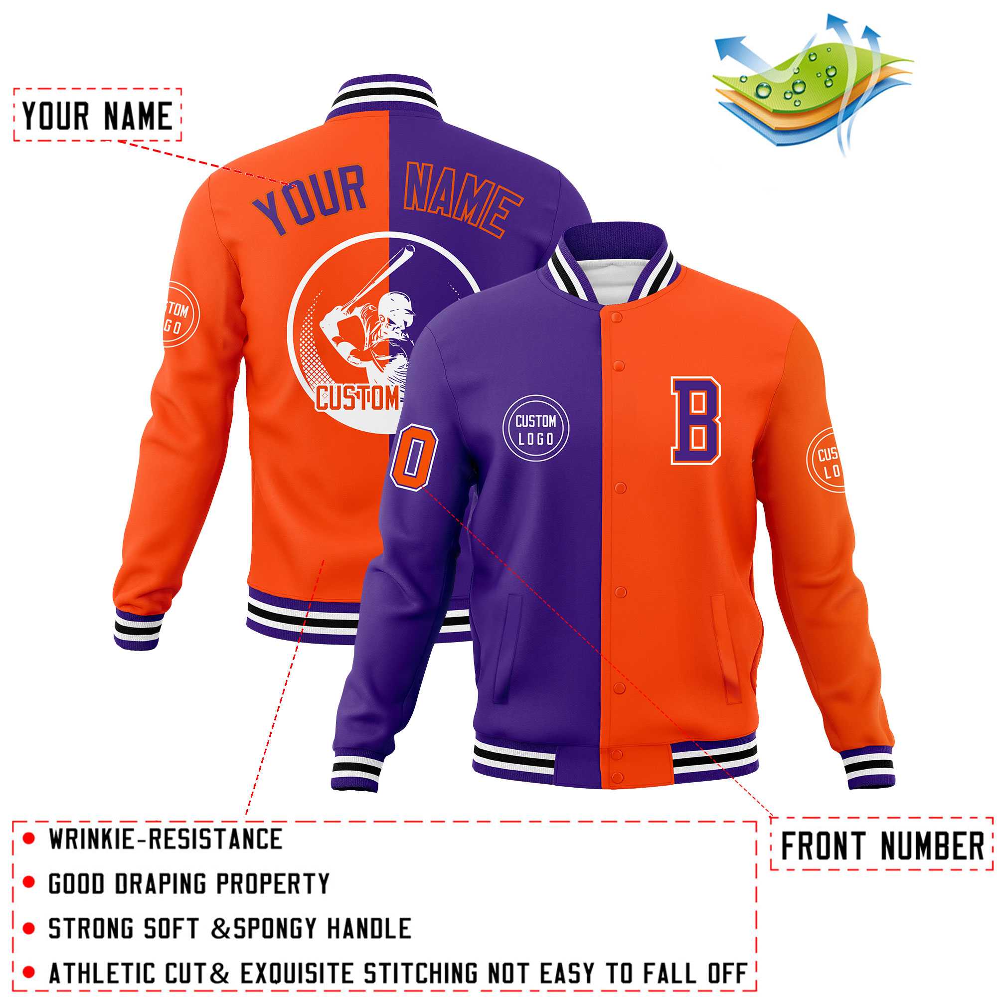 Custom Purple Orange Varsity Full-Snap Split Letterman Baseball Jacket