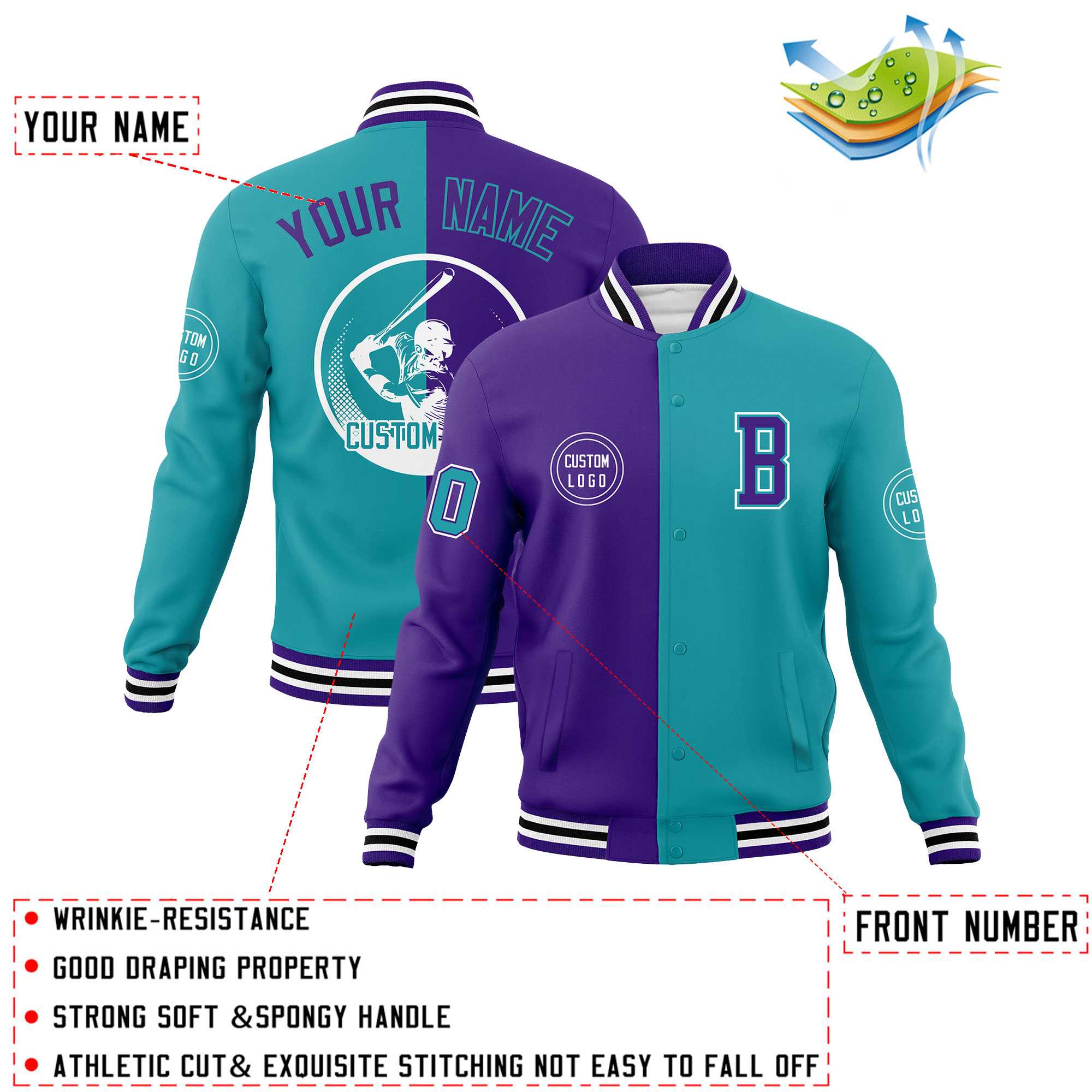 Custom Purple Aqua Varsity Full-Snap Split Letterman Baseball Jacket