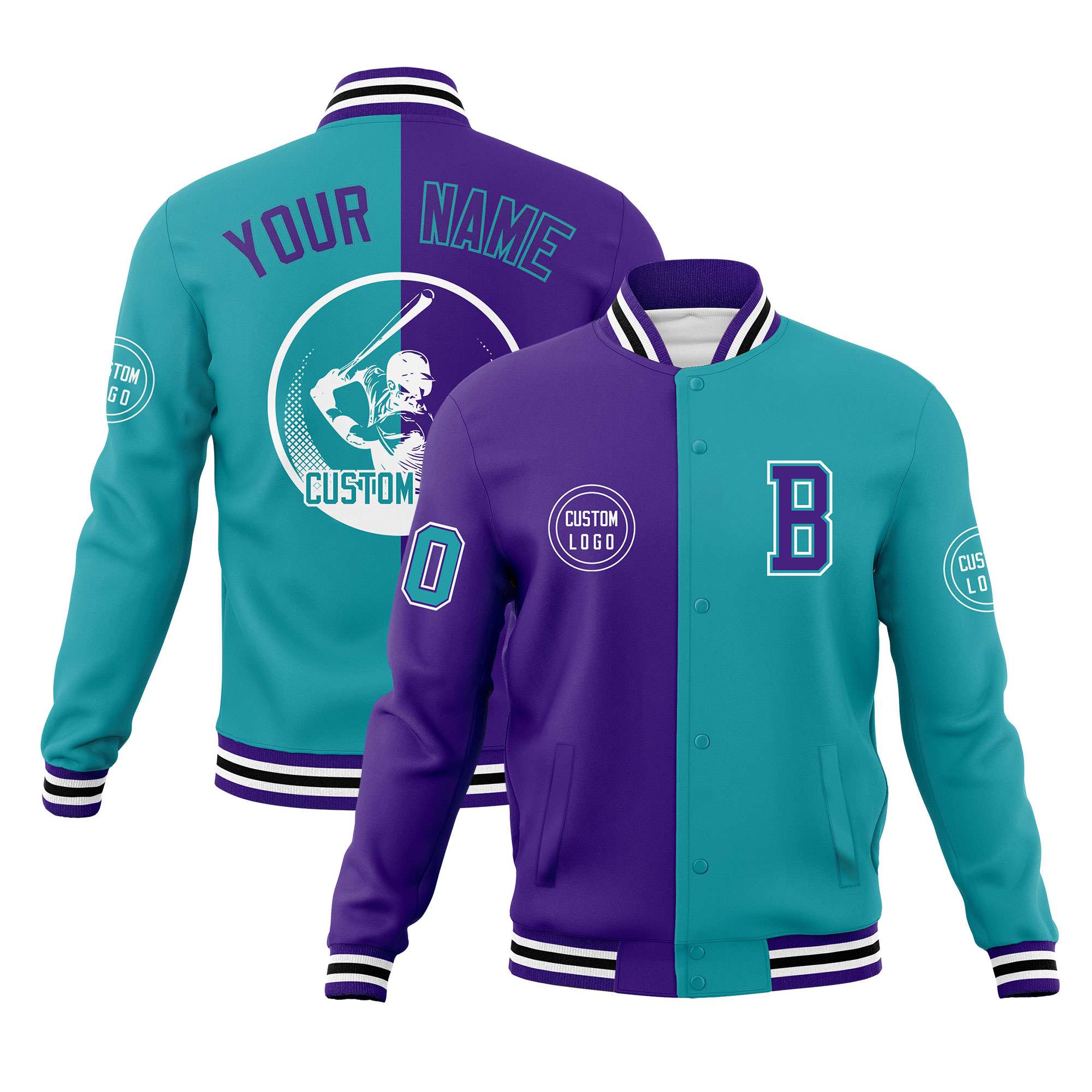 Custom Purple Aqua Varsity Full-Snap Split Letterman Baseball Jacket