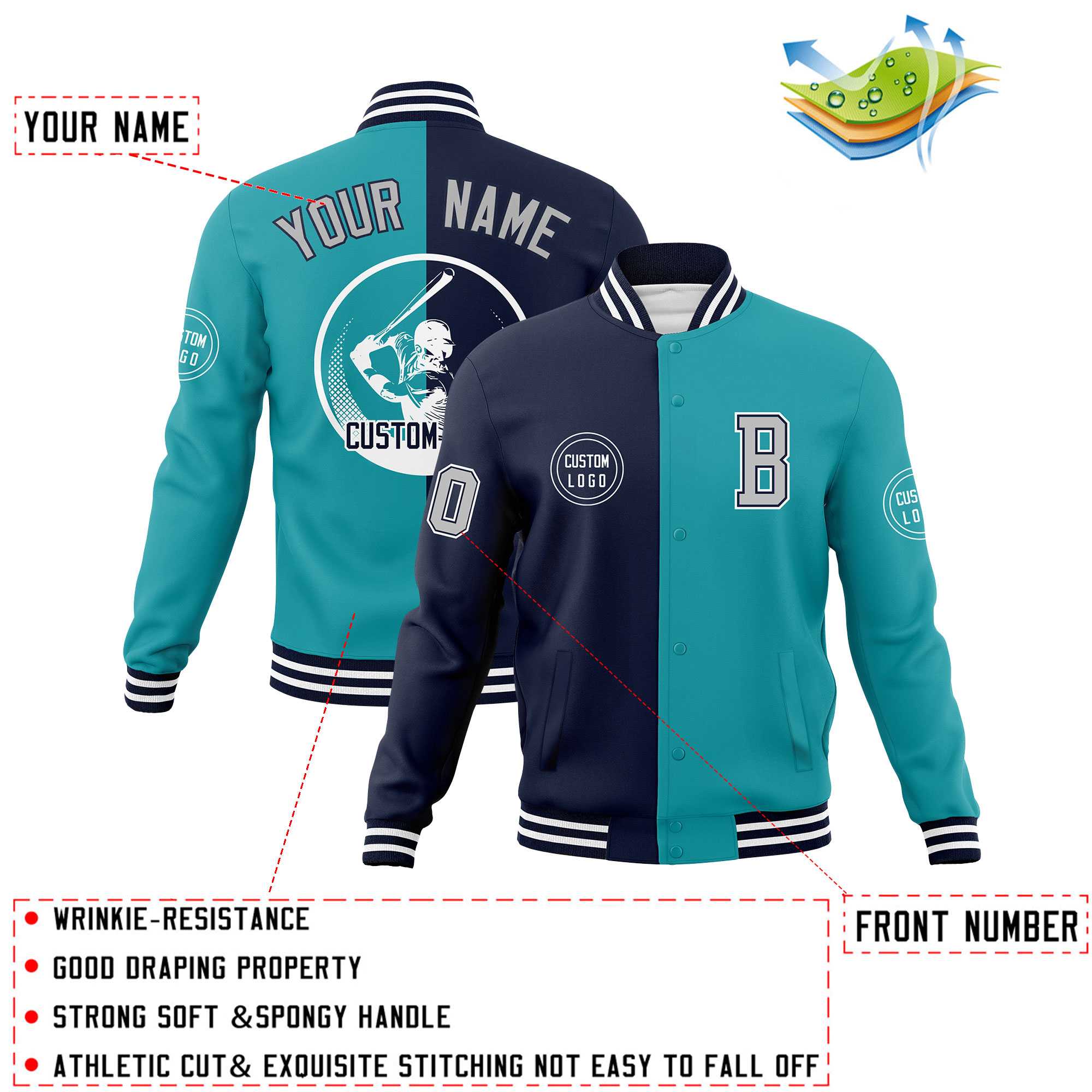 Custom Navy Aqua Varsity Full-Snap Split Letterman Baseball Jacket