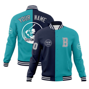 Custom Navy Aqua Varsity Full-Snap Split Letterman Baseball Jacket