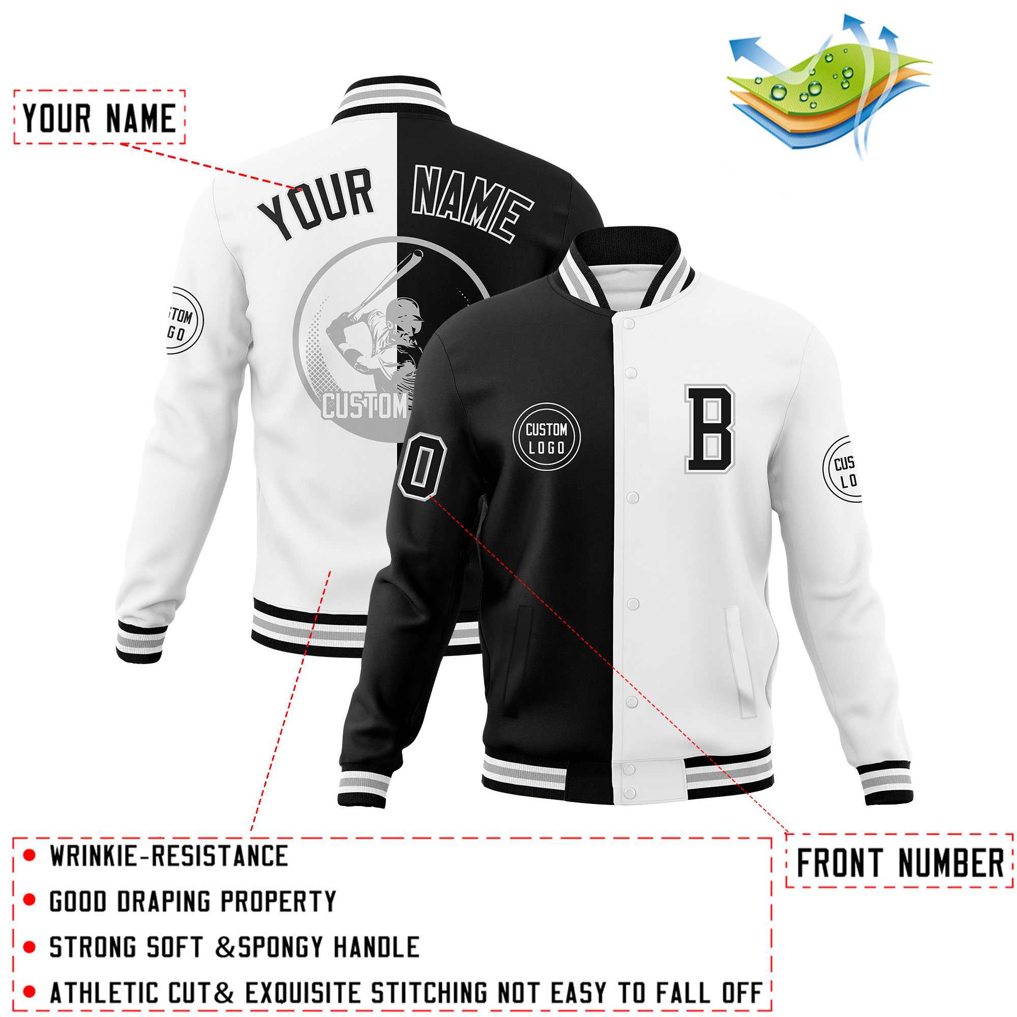 Custom Black White Varsity Full-Snap Split Letterman Baseball Jacket