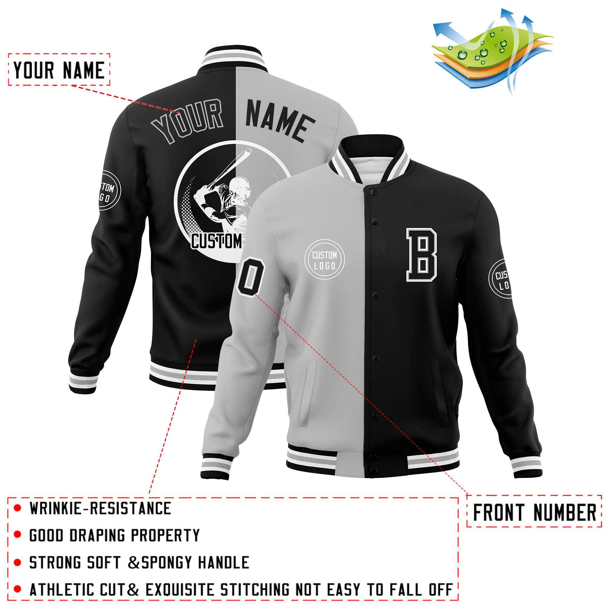 Custom Gray Black Varsity Full-Snap Split Letterman Baseball Jacket