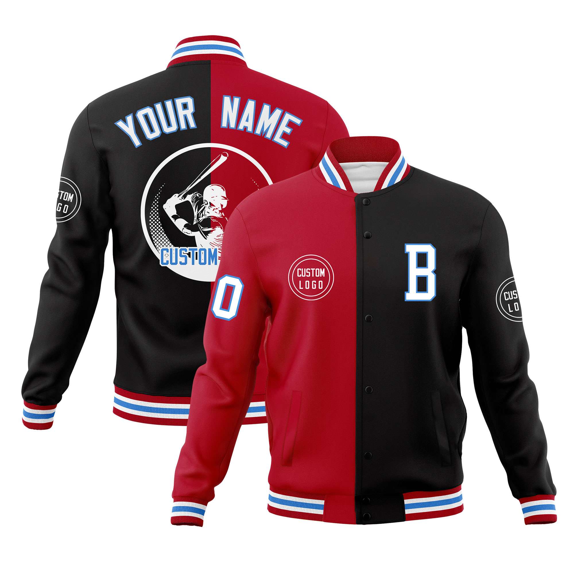 Custom Red Black Varsity Full-Snap Split Letterman Baseball Jacket