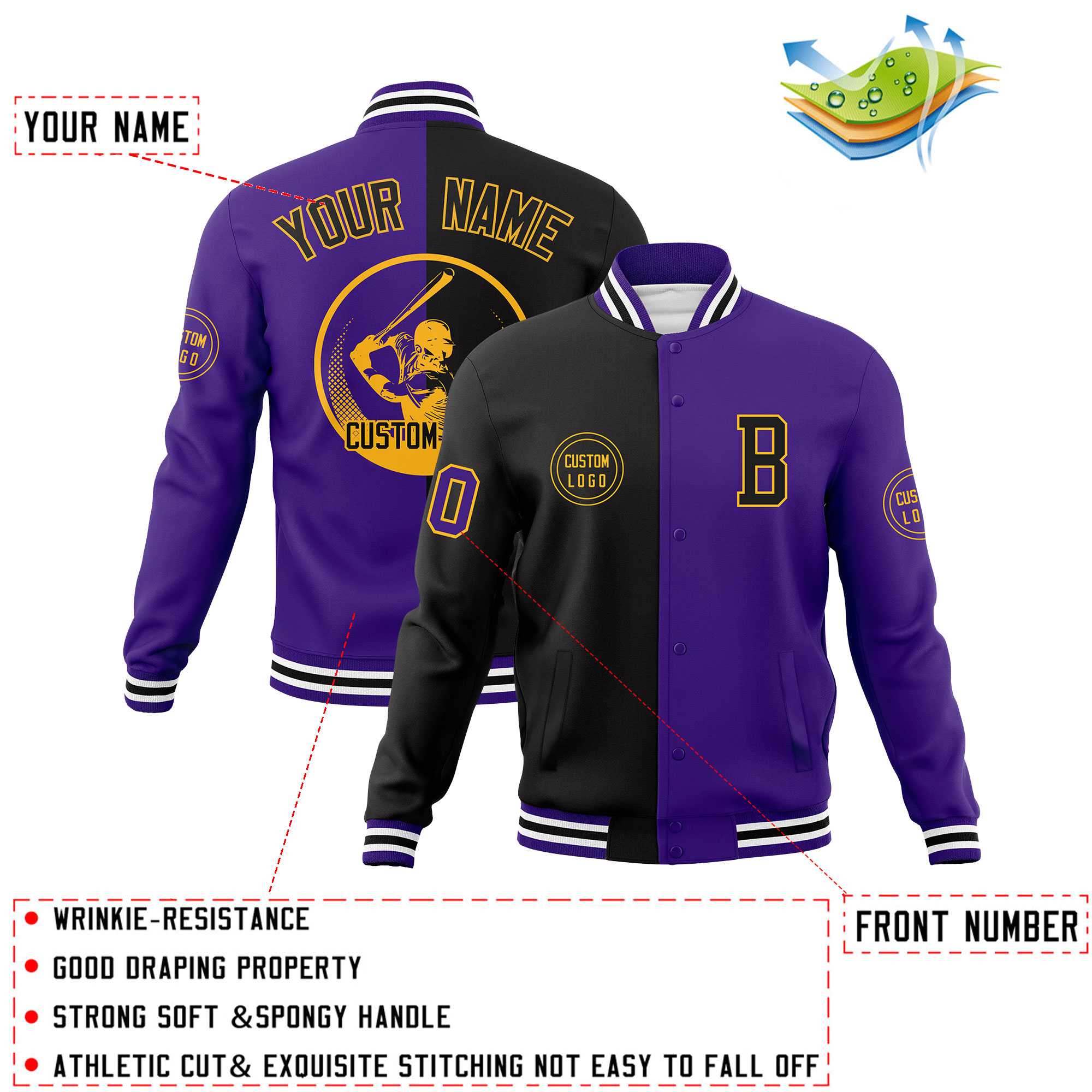 Custom Black Purple Varsity Full-Snap Split Letterman Baseball Jacket