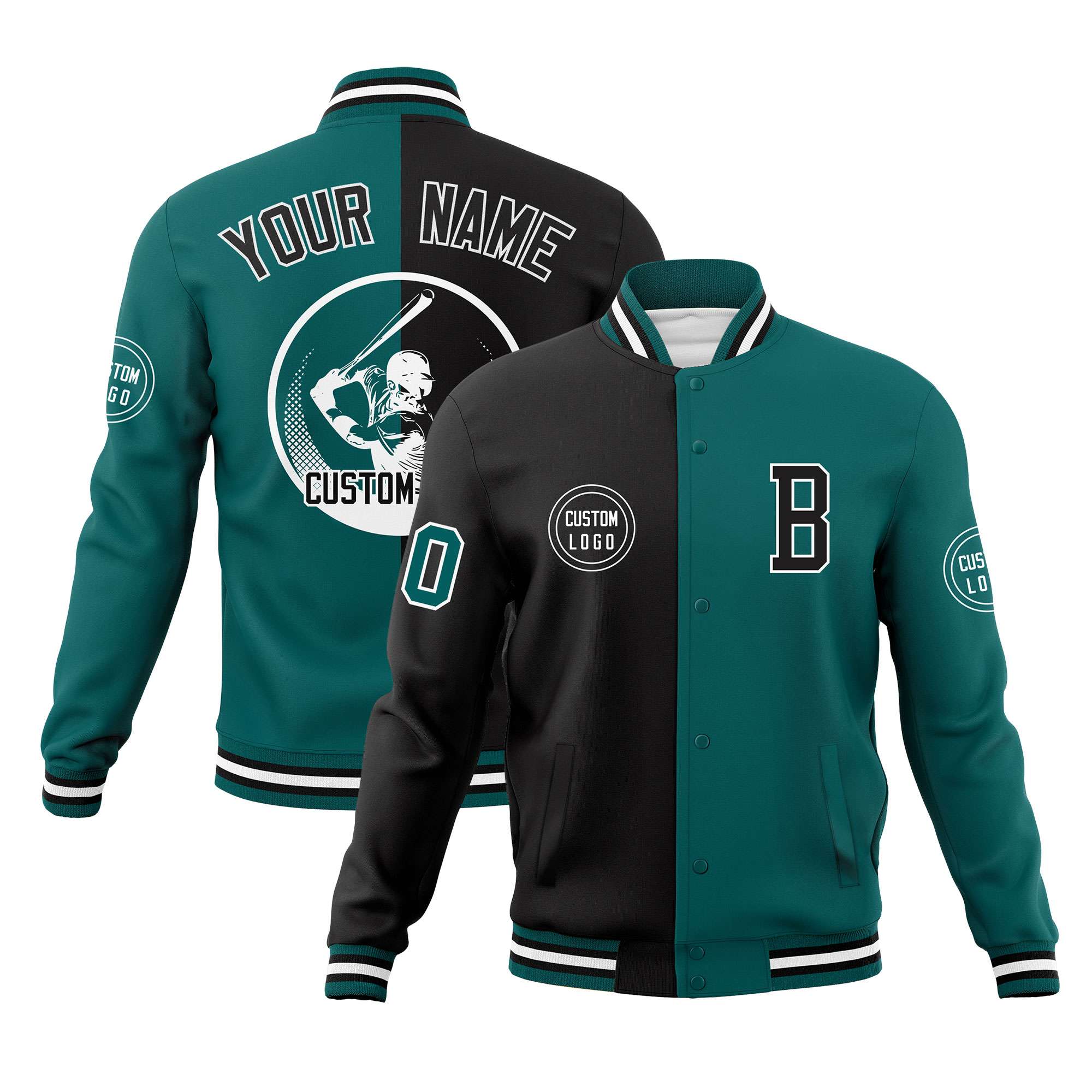 Custom Black Aqua Varsity Full-Snap Split Letterman Baseball Jacket