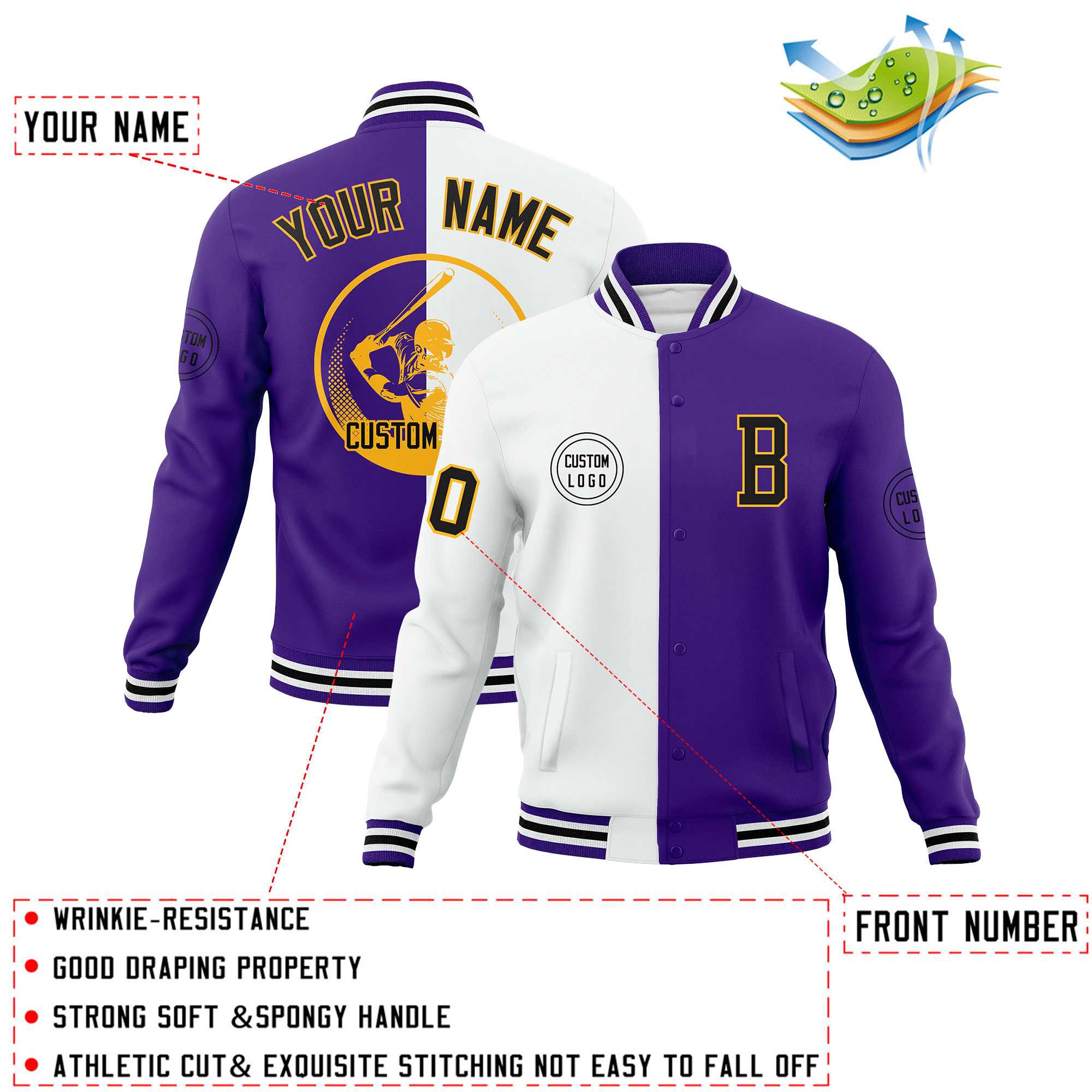 Custom White Purple Varsity Full-Snap Split Letterman Baseball Jacket