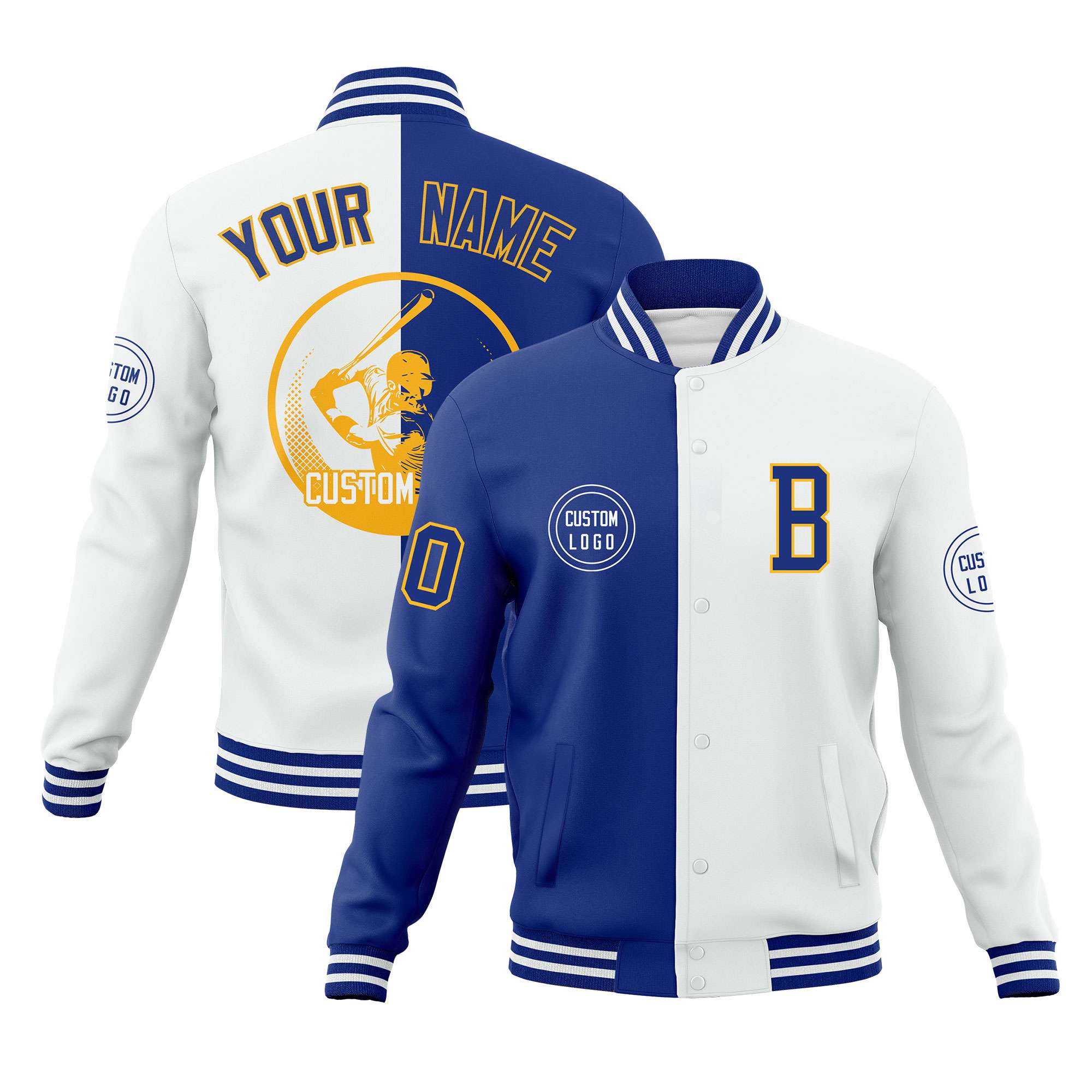 Custom Royal White Varsity Full-Snap Split Letterman Baseball Jacket