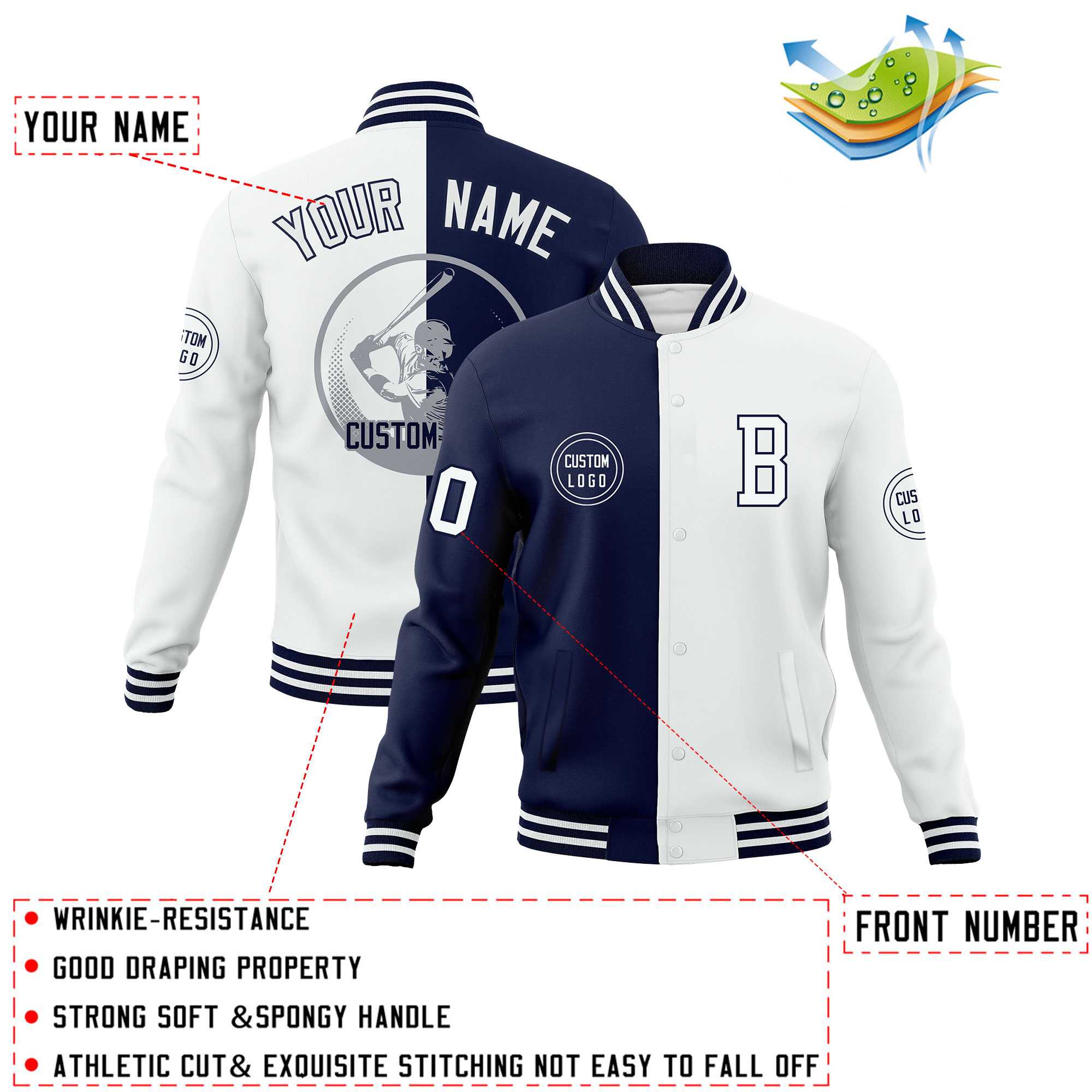 Custom Navy White Varsity Full-Snap Split Letterman Baseball Jacket