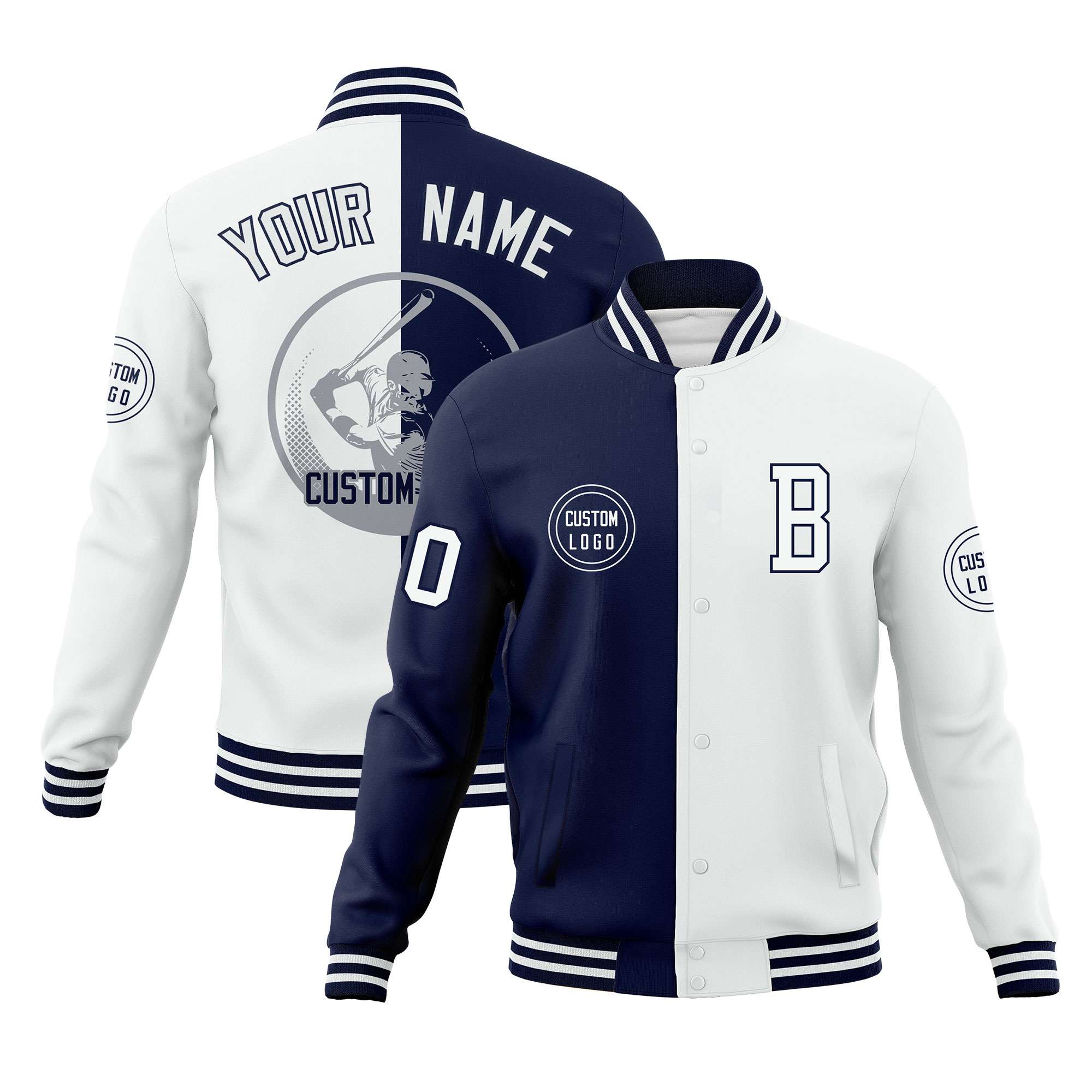 Custom Navy White Varsity Full-Snap Split Letterman Baseball Jacket