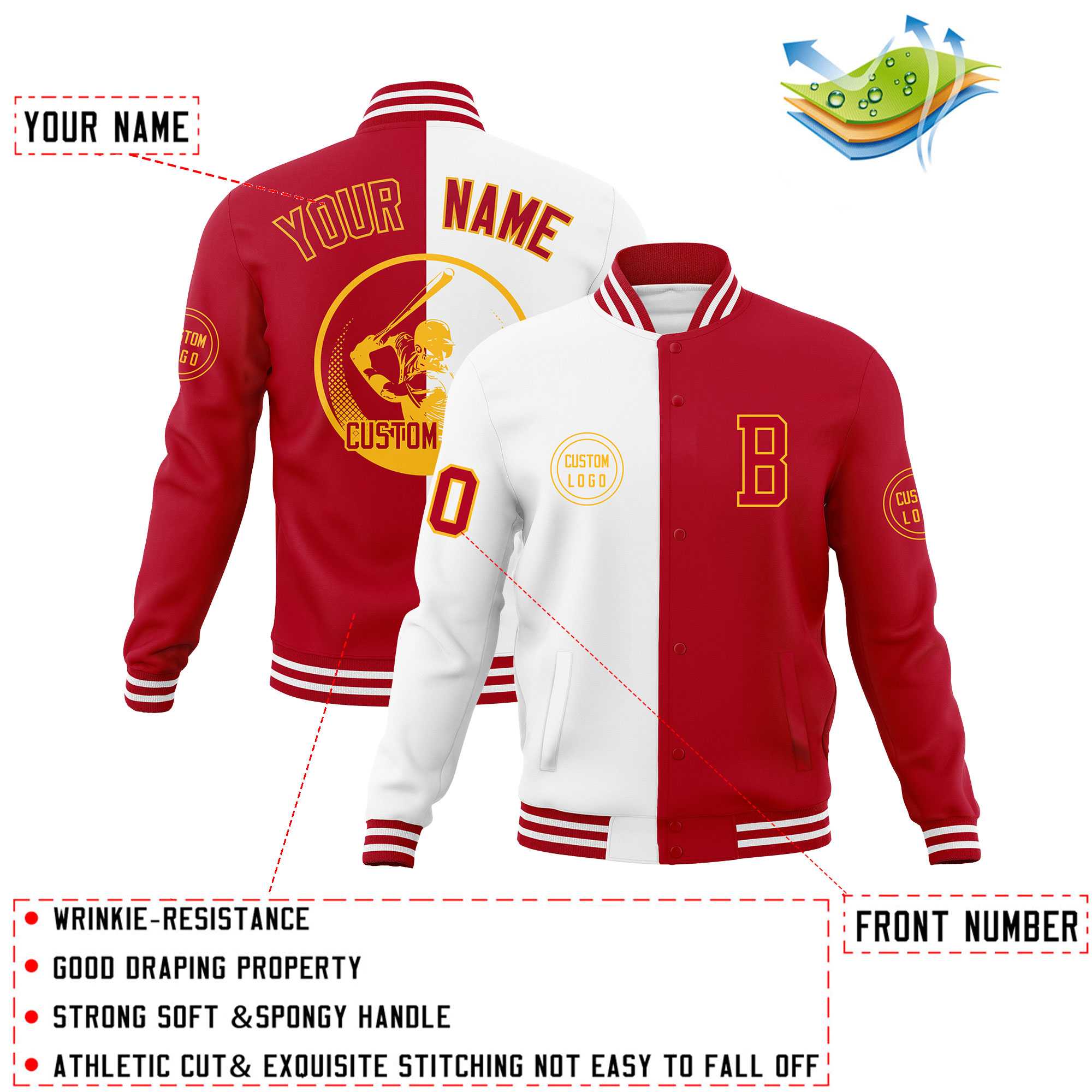 Custom White Red Varsity Full-Snap Split Letterman Baseball Jacket